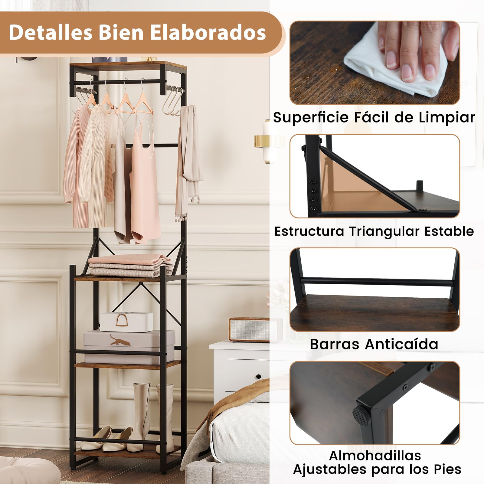 COSTWAY Perchero Burro Ropa, Perchero de Pie, 4 Estantes de Almacenamiento, 6 Ganchos y 3 Barras para Colgar, Colgador Ropa Entrada Pasillo Dormitorio, 40 x 30 x 162 cm, Industrial
