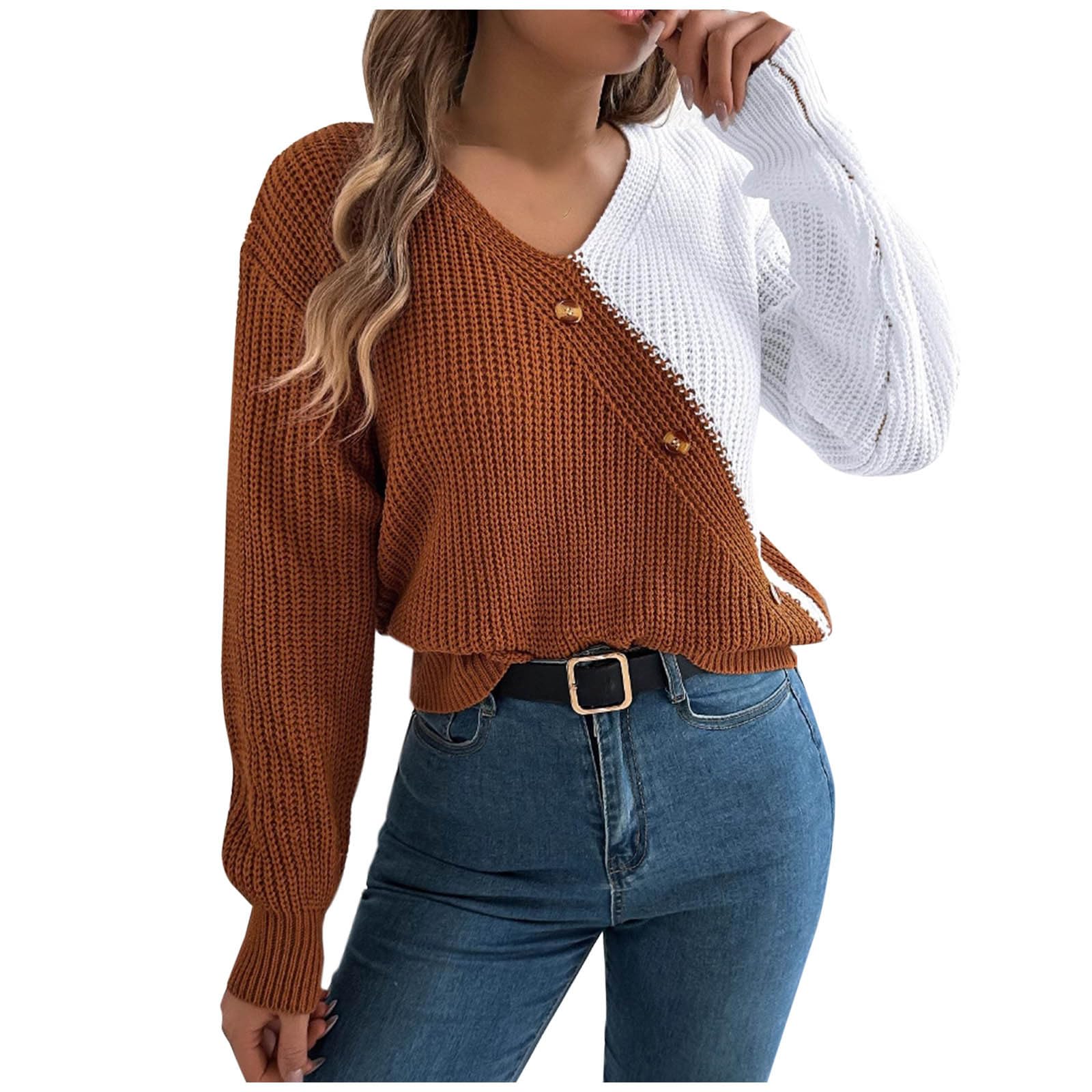 Vneck Sweater for Ladies Winter Fall Long Sleeve Color Block Crochet Knit Basic Women 2026