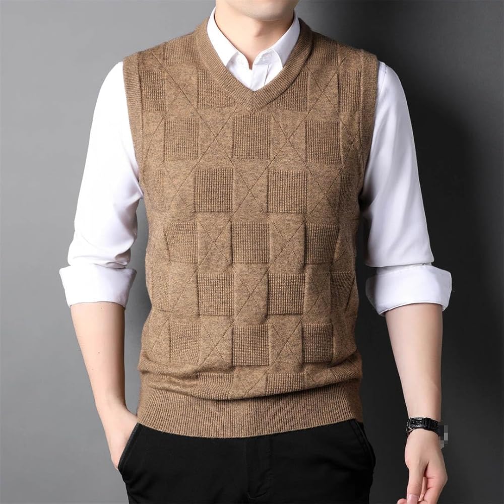 Men's Khaki V-Neck Knitted Vest Business Classic Style Thick