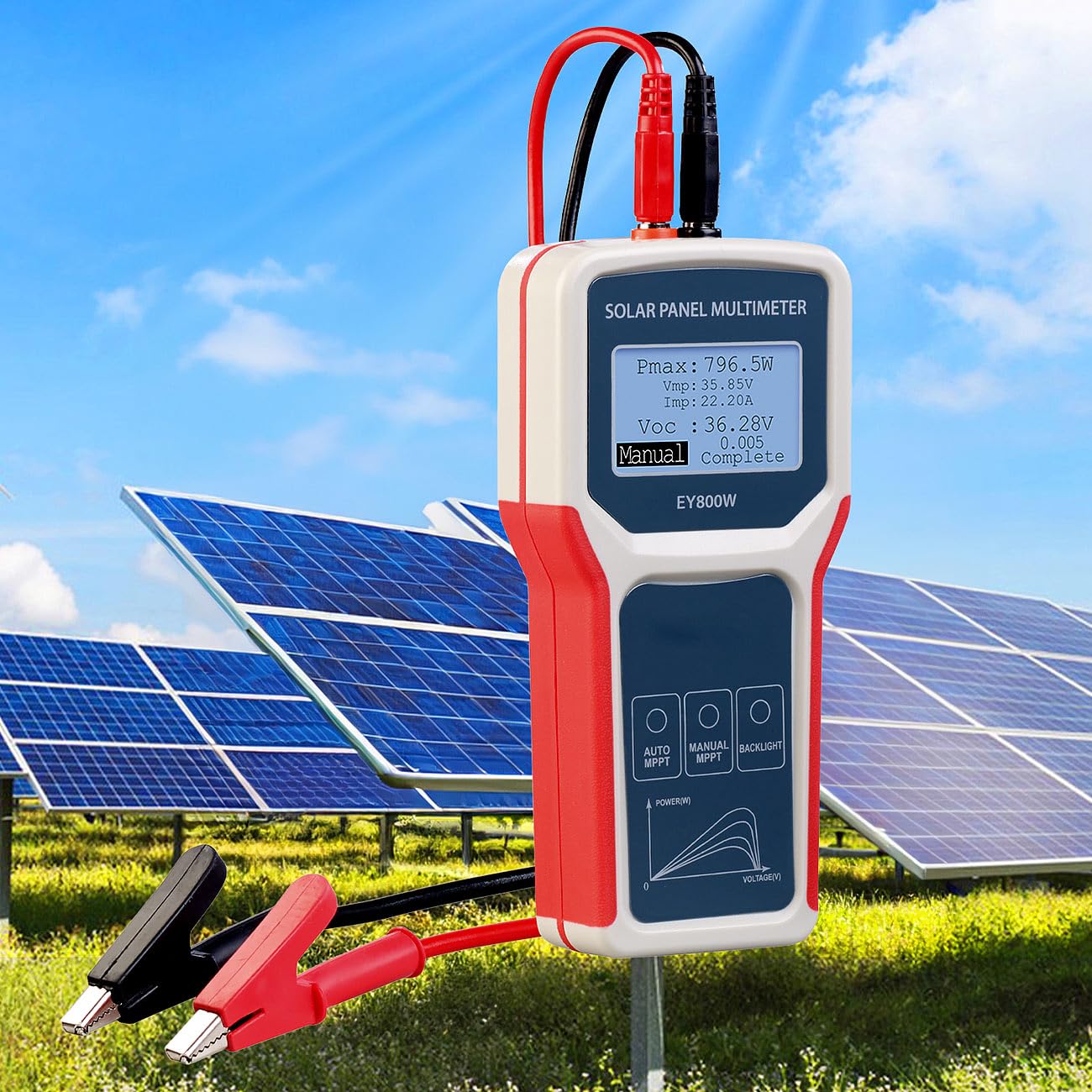 revolt Amperemeter: Digitales Solarpanel-Multimeter, bis 800 W, 60 V, 35 A, XL-LCD-Display (PV-Strommessgerät, PV-Multimeter, MPPT)