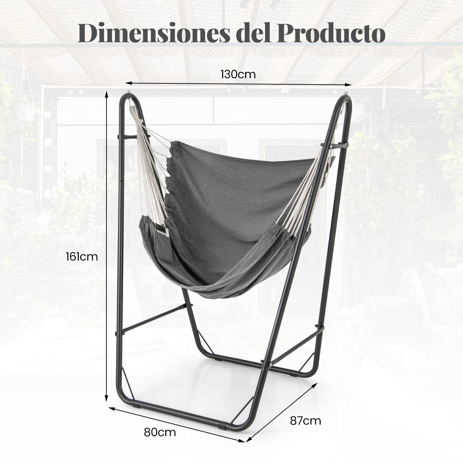 COSTWAY Silla Hamaca con Soporte, Silla Colgante con Estructura Metálica y Bolsillo de Almacenamiento Lateral, Carga de 120 kg, Hamaca Columpio Interior Exterior para Salón Dormitorio Patio