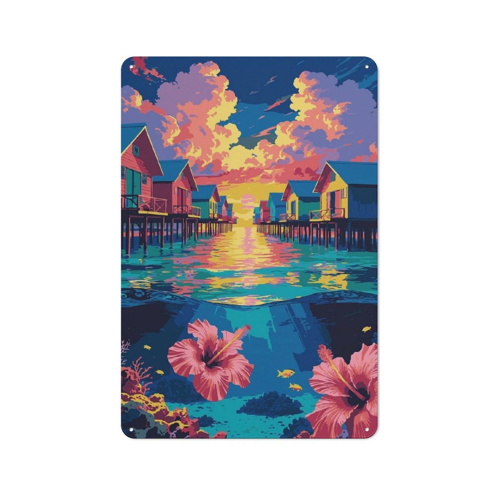 Junmoney Style-7 Tin Wall Plaque 30X20cm With Tropical Overwater Bungalows With Underwater Scene For Guest Room Or Hallway, A Decorative Christmas Gift For Home Decor Collectors