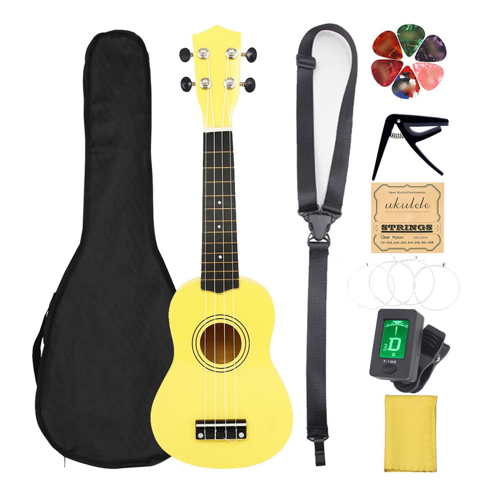 Eacam Ukulele Młodzieżowe Ukulele Dziecięce Młodzieżowe 21 Cali Lipa Ukelele Mała Gitara Kolorowe Nylonowe Struny Wbudowany Tuner Gig Bag Pasek Pasek dla P (Żółty)