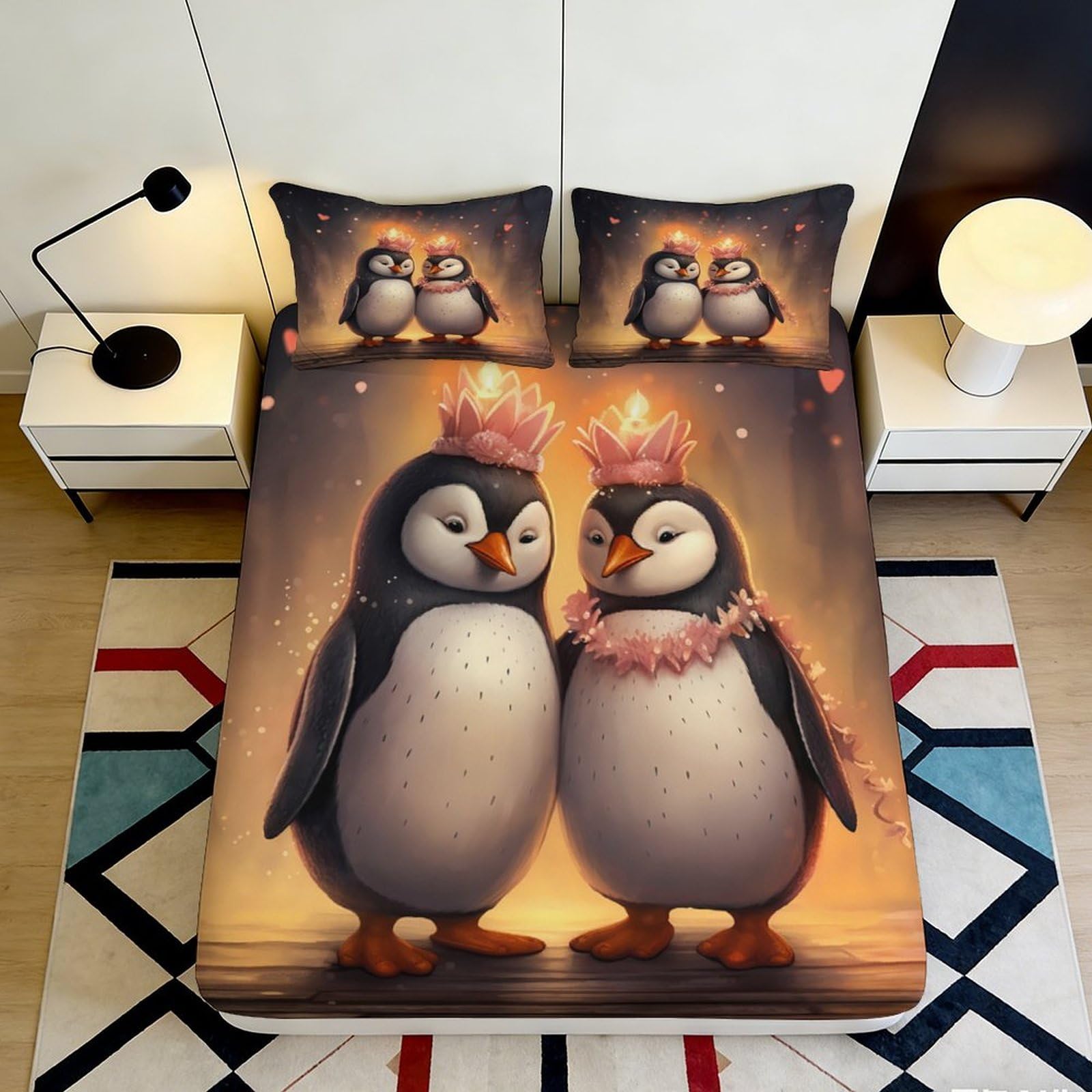 3D Printed Cute Penguin Couple Fitted Sheet Microfiber Soft Breathable Romantic Design Bed Cover for Bedroom Dormitory Guest Room Mattress Protection 200x200x25cm