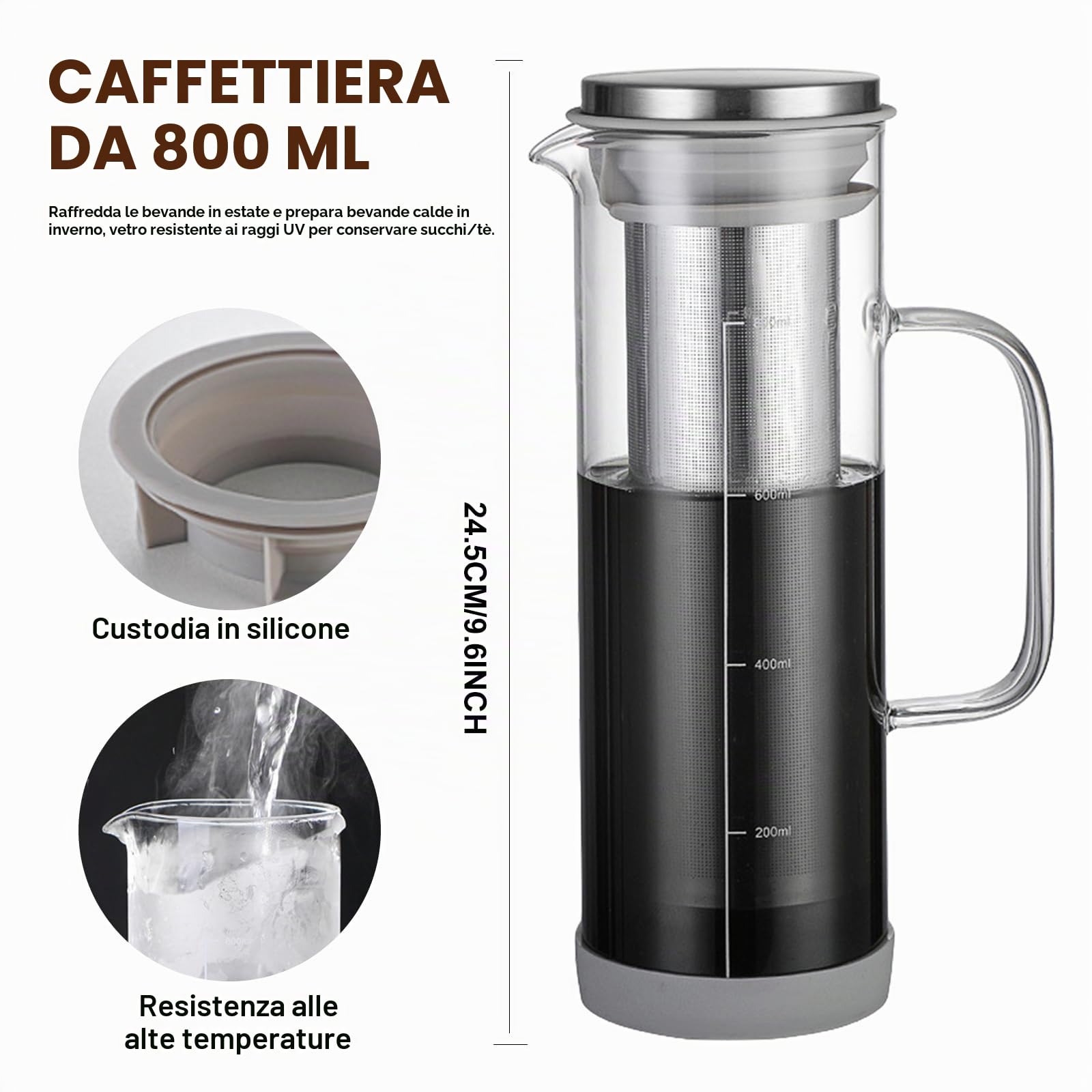Cold Brew Caffettiera da 800 ml, Cold Brew Coffee Maker, caffettiera Cold Brew, coperchio con manico e filtro in acciaio inox, adatta per attività all'aperto, portatile, per caffè freddo, tè freddo
