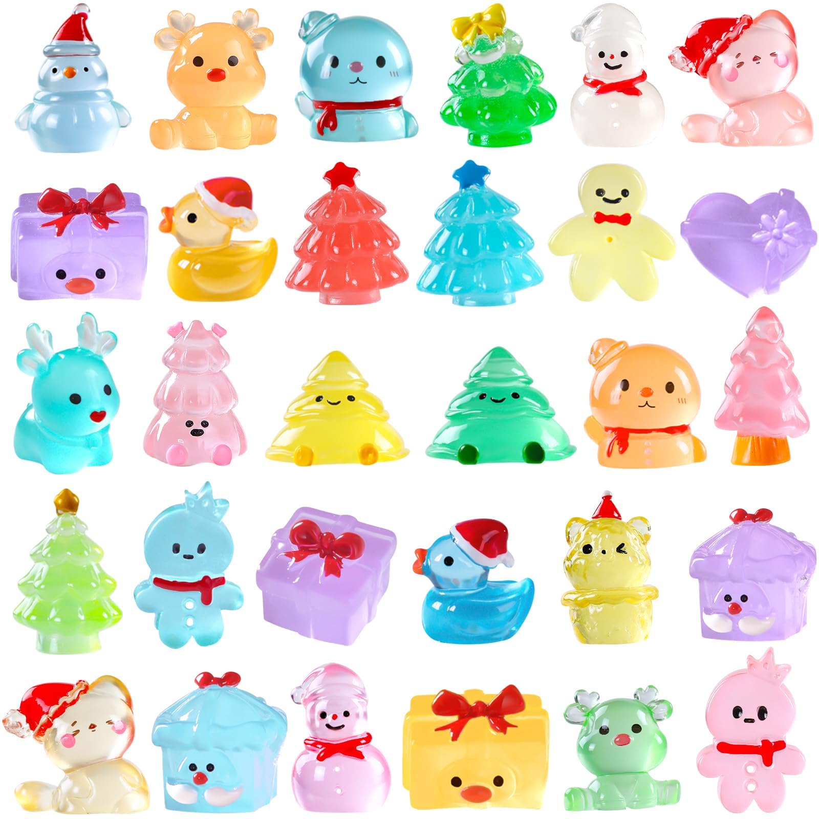 XIMISHOP 40PCS Mini Christmas Luminous Resin Ornaments,40 Styles Cute Little Small Christmas Miniature Resin Santa Snowman Figures Glow in the Dark for Xmas DIY Garden Dollhouse