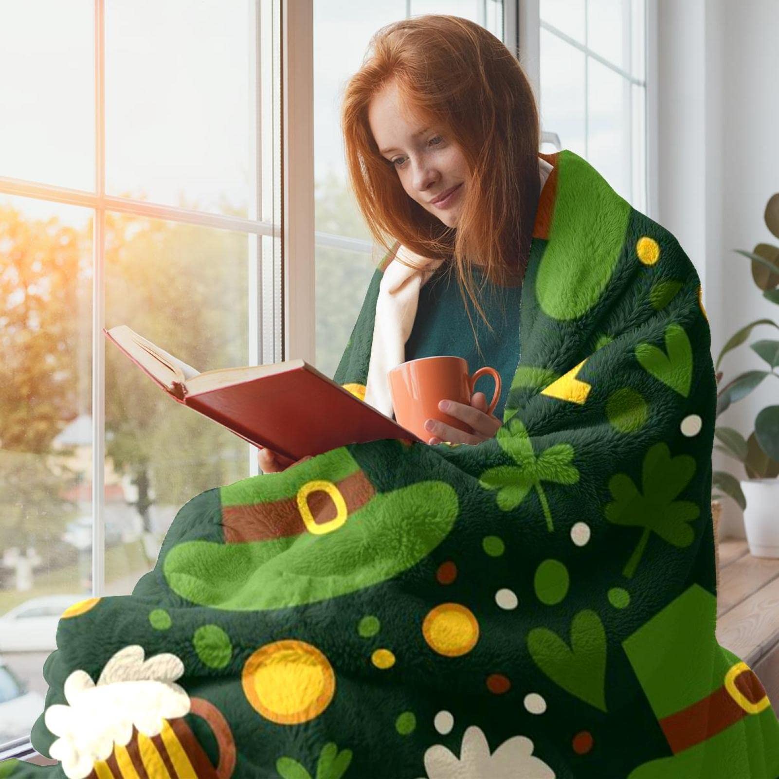 Coperta in pile con motivo verde per divano, divano o letto