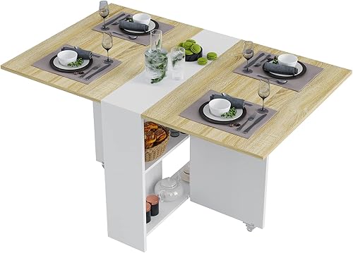 Miniatura 8 de Tiptiper Mesa de comedor plegable con 6 ruedas, mesa de cocina plegable con estante de almacenamiento de 2 capas, mesa de comedor que ahorra espacio