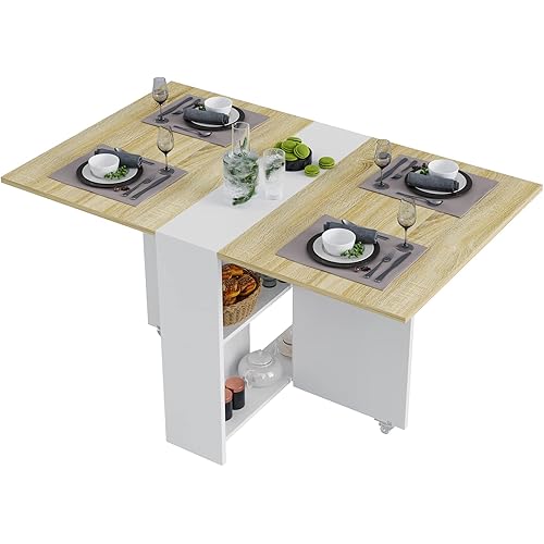 Tiptiper Folding Dining, Versatile Dinner Table with 6 Wheels and 2 Storage Racks, Space Saving Kitchen, Dining Room Table, 31.5 in x 51.2 in x 28.4 in, Pear Wood Color and White