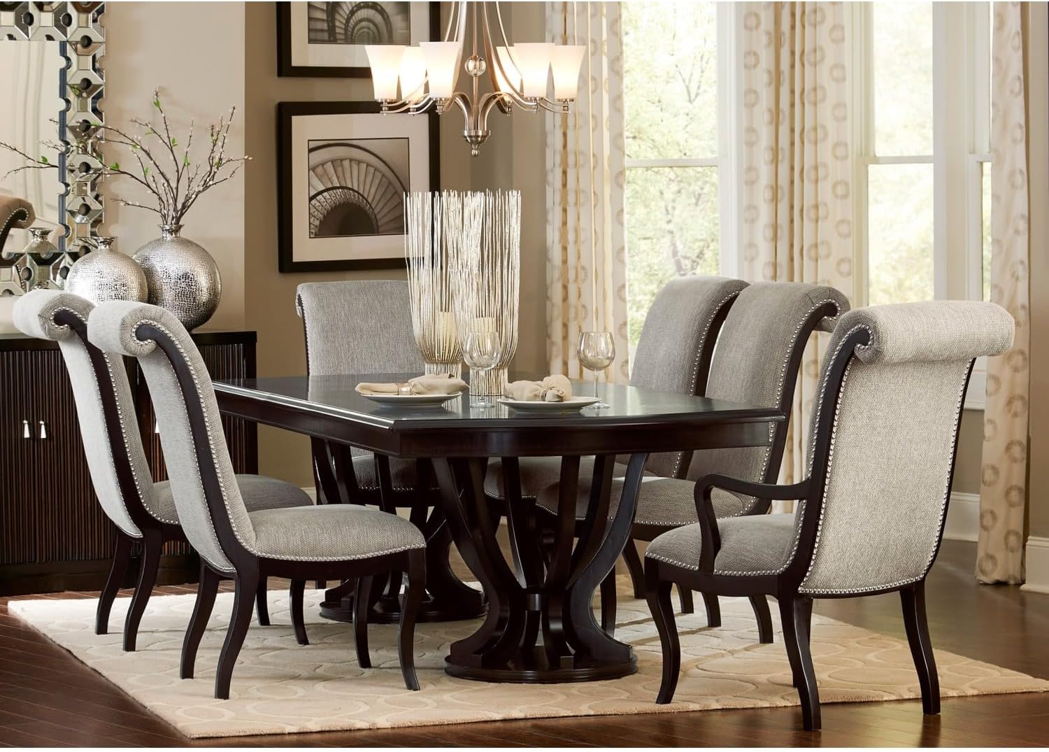 Contemporary Rectangular Double Pedestal Table with Extension Leaf - 6 Seat Dining Furniture