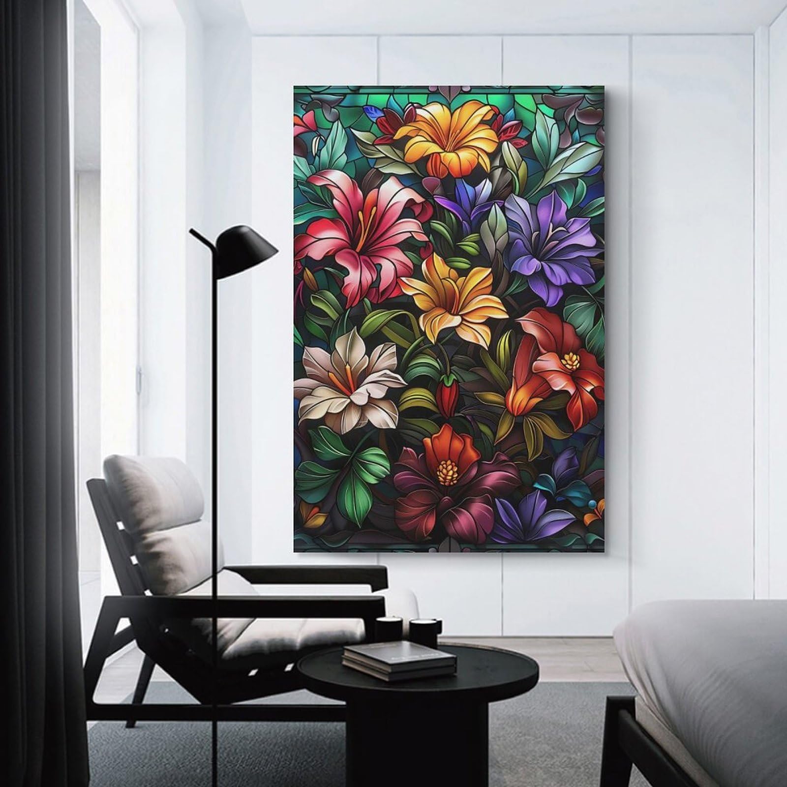 Junmoney Stained Glass Floral Arrangement Hanging Wall Art 12x18inch(30x45cm), for Study, Office Or Focused Interiors, Wall Art That Adds Style to Work Areas