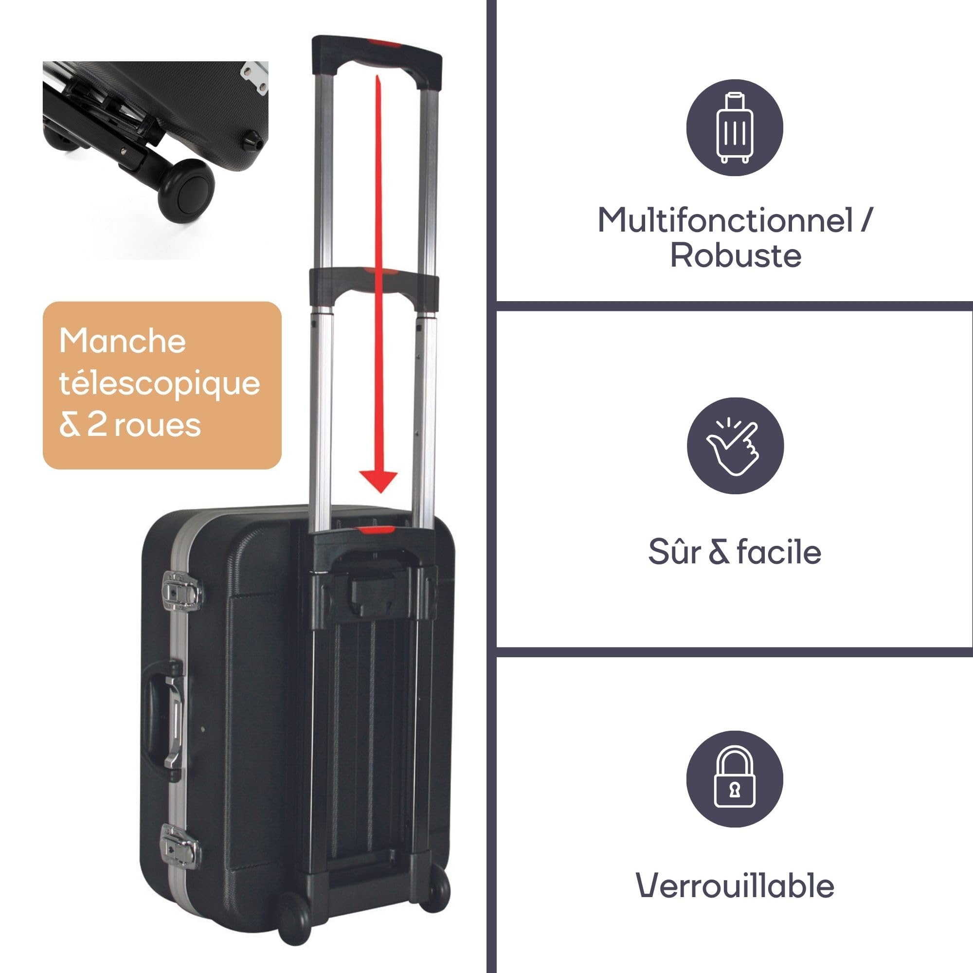 Perel Mallette à outils mobile, poignée télescopique, porte-outils, séparateurs amovibles, verrouillage par clé, 2 clés, ABS, noir, 461 x 335 x 190 mm