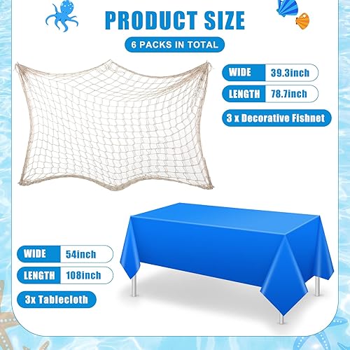 Miniatura 2 de Juego de 6 manteles decorativos de red de pescado, de algodón y de plástico, para fiestas temáticas náuticas, baby shower, decoración de pirata,