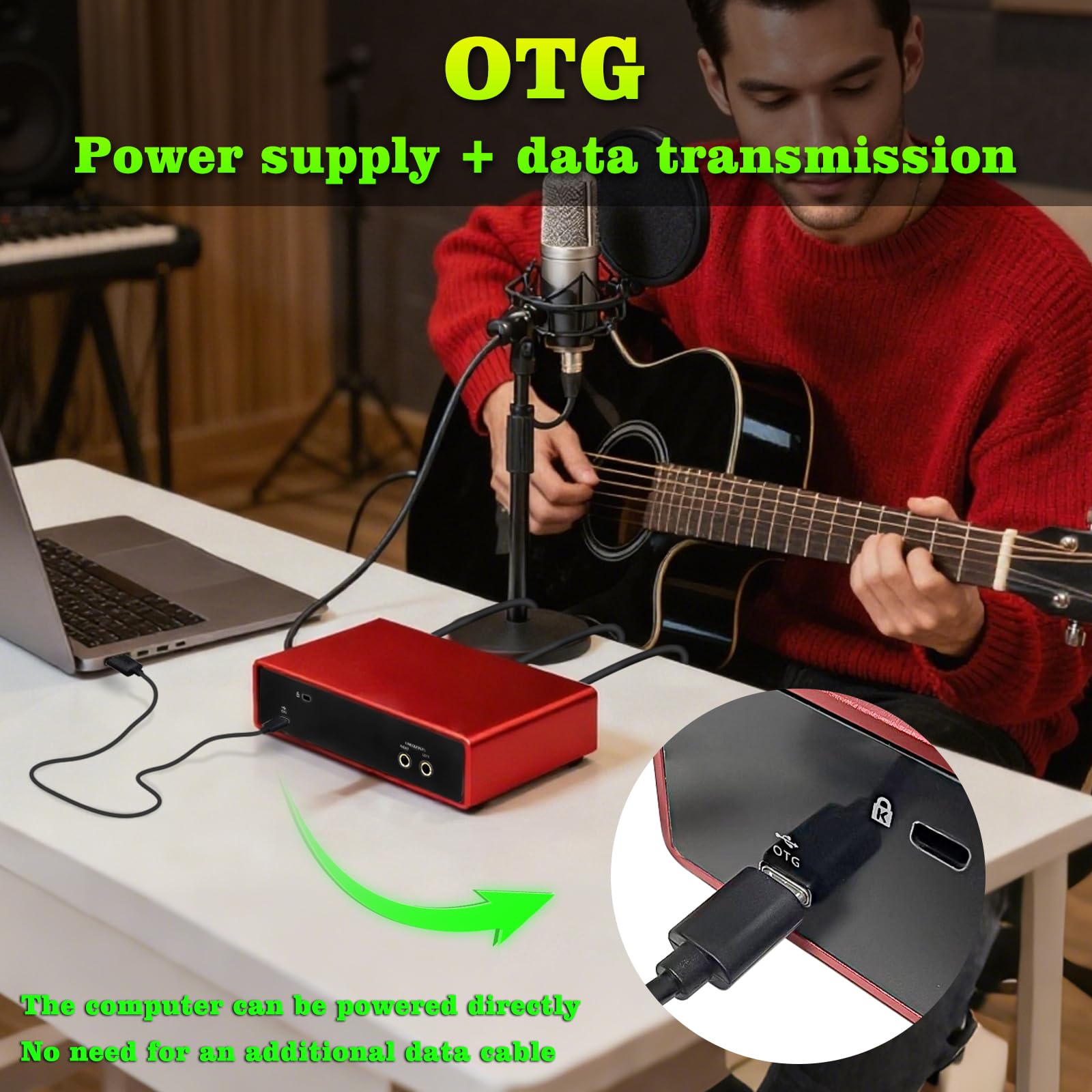 USB-Audio-Interface für Computeraufnahmen (rot), 2-Kanal-Gitarren-Audio-Interface, 32Bit/192kHz Podcasting Streaming mit 48V Phantomspeisung