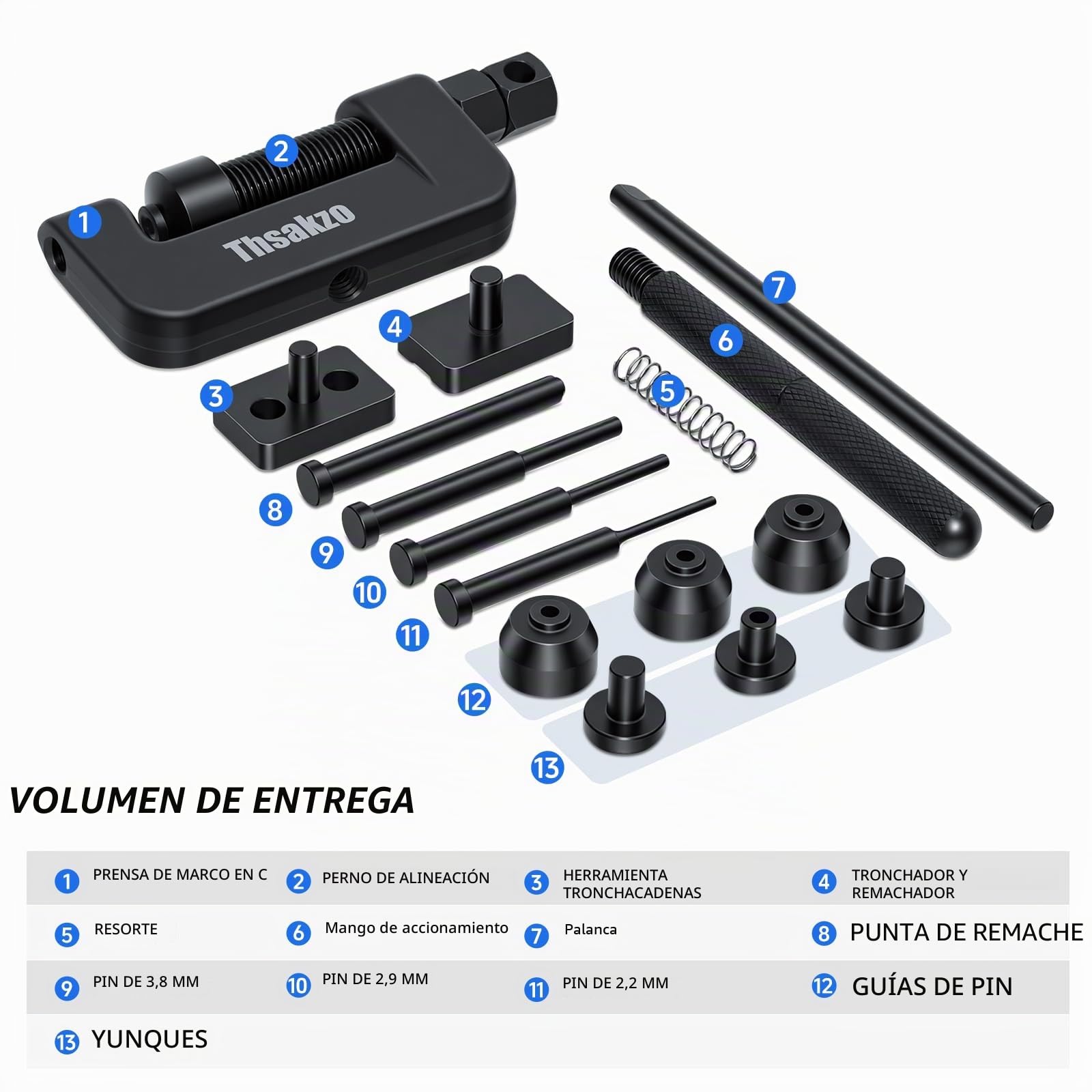 Thsakzo13 Piezas Kit de Kit Cadena Moto, Rompedor de Cadena de Motocicleta interruptores de cadena para motocicleta, herramienta de extracción de cadena y kit de remachadora cadena moto