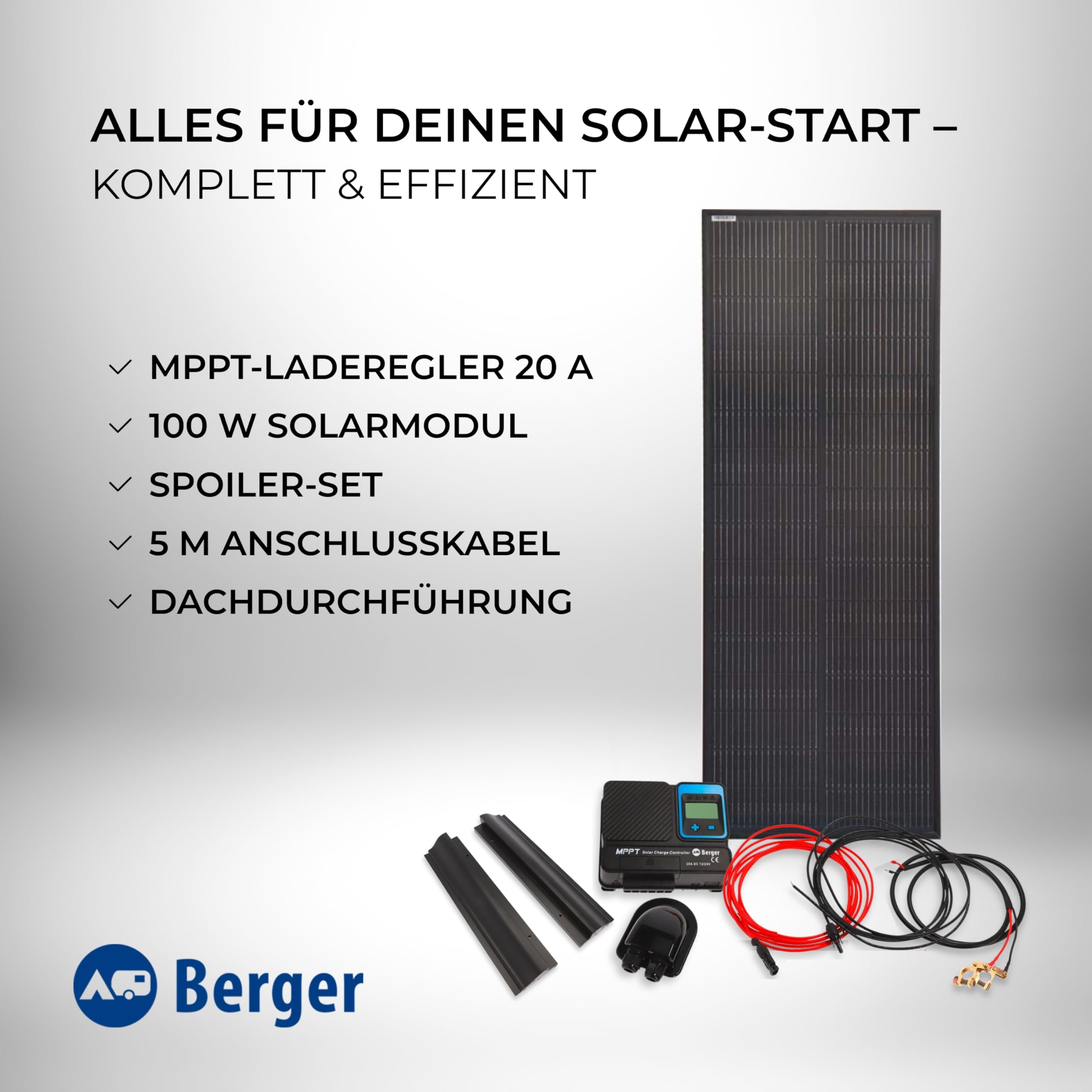 BERGER Komplettanlage Deluxe Solarpanel Set 100 W | Monokristallin mit MPPT-Regler | Solar Panel Camping Komplettset | IP67 | Solaranlage für Wohnmobil & Dauercamper | 400 Wh/Tag | erweiterbar