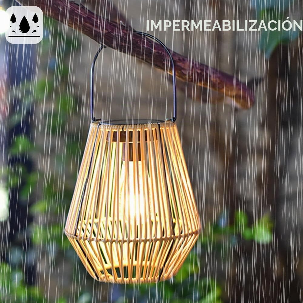 Farolillos Solares Exterior, 2 Piezas Lamparas Solares Exterior, Luz Solar de Ratán, Farolillo Solar Exterior para Jardín, Terraza, Balcón