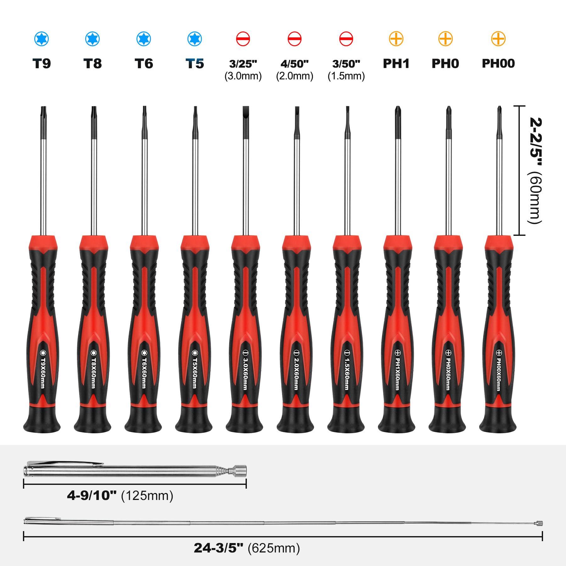HAUTMEC 11-PCS Precision Screwdriver Set including Telescoping Magnetic Pickup Tool, Phillips, Flat, Torx, Pouch - Image 3