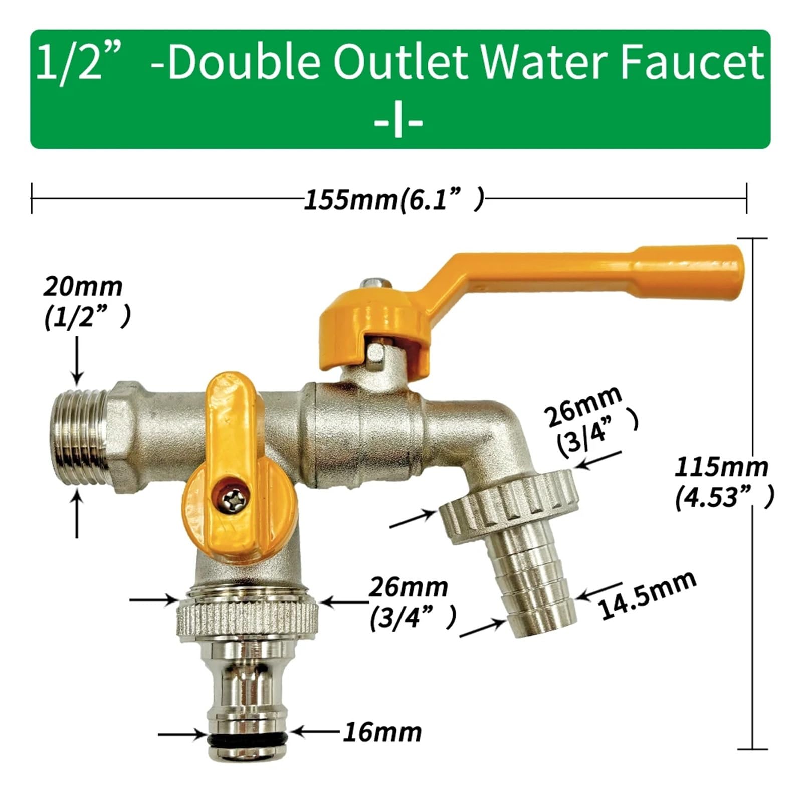 Gartenschlauch-Wasserhahn-Adapter aus Messing, 1/2 Zoll, Wassertank-Anschluss, 2-Wege-1-Wege-Bewässerungsverbindung, Ersatz-Armatur, Kugelhahn(I-1pcs)