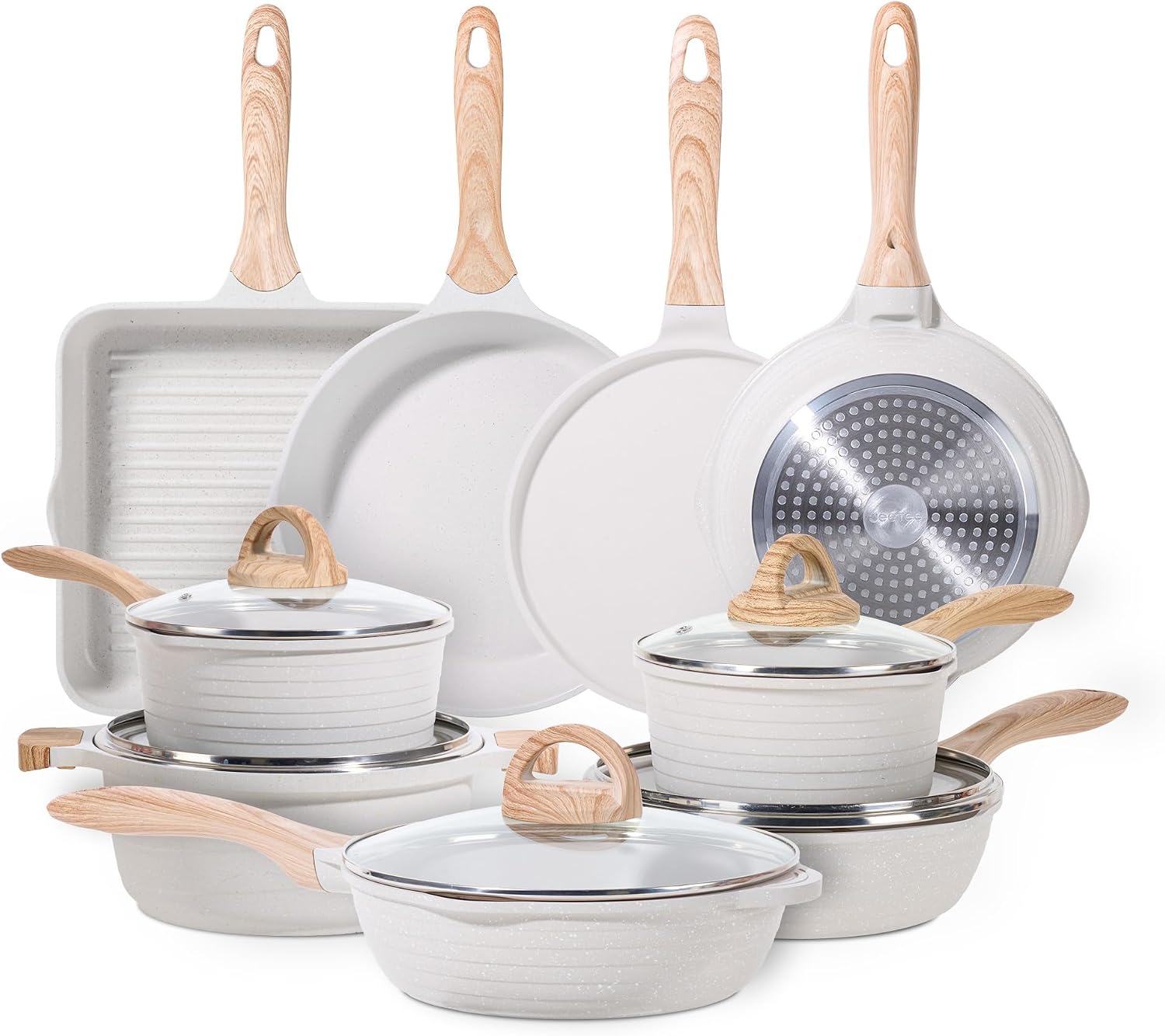 Topf- und Pfannenset 23-teilig Beige Antihaft Induktion mit Glasdeckeln Küche