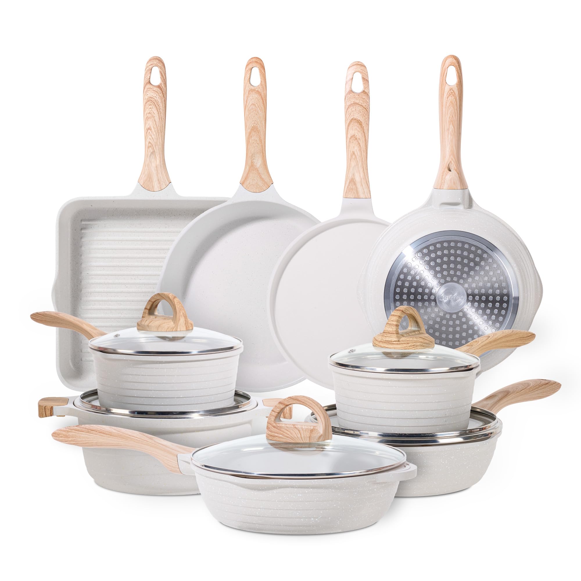 JEETEE Essential Batteria di Pentole 23 Pezzi, Rivestimento Granito-Antiaderente, Set Completo per La Cucina, Set Padelle Antiaderenti per Tutti i Piani Cottura, Beige