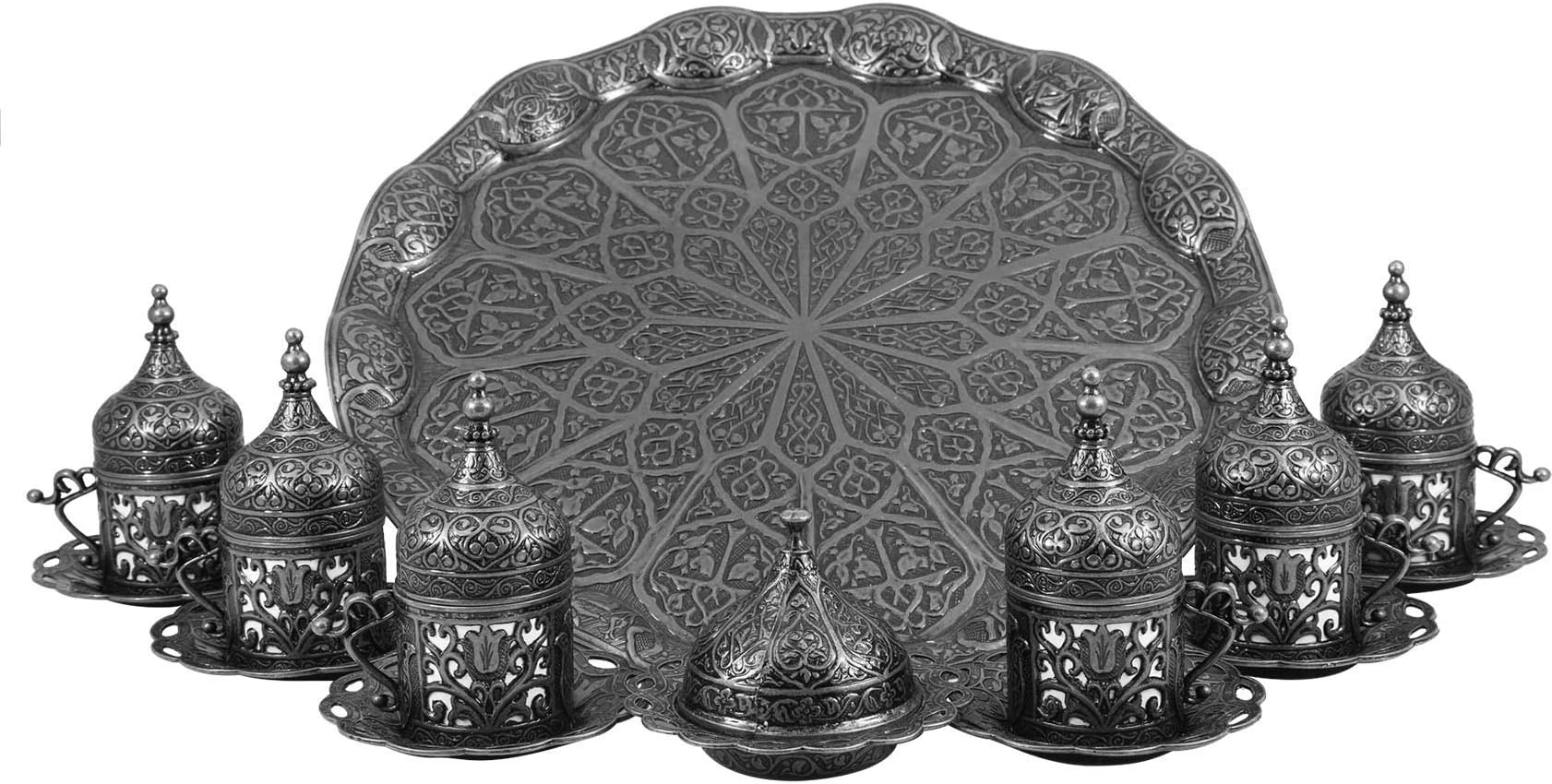 Handcraft Ideas 27-Piece Turkish Coffee, Espresso and Tea Set - Handmade Zamak Serving Set for 6 Includes Cups, Saucers, Sugar Bowl and Tray - Premium Zamak Construction - Dark Grey -(CS6-210)