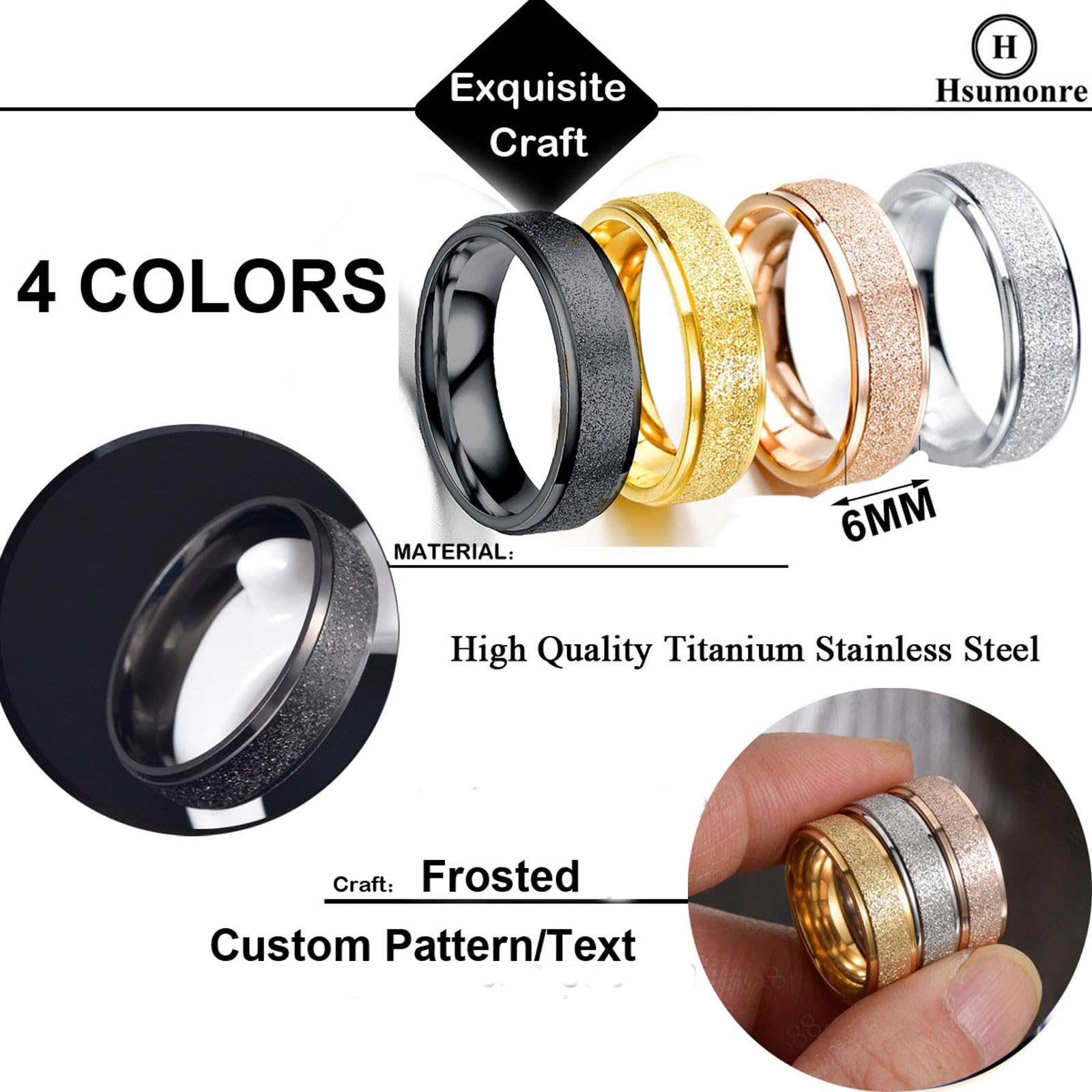 Personalice el Texto Grabado del Anillo de Huellas Dactilares del Corazón Esmerilado para Parejas, Mejores Amigos, Joyas Mate, Bandas de Anillo, Acero de Titanio, 6 mm, Plata Negra