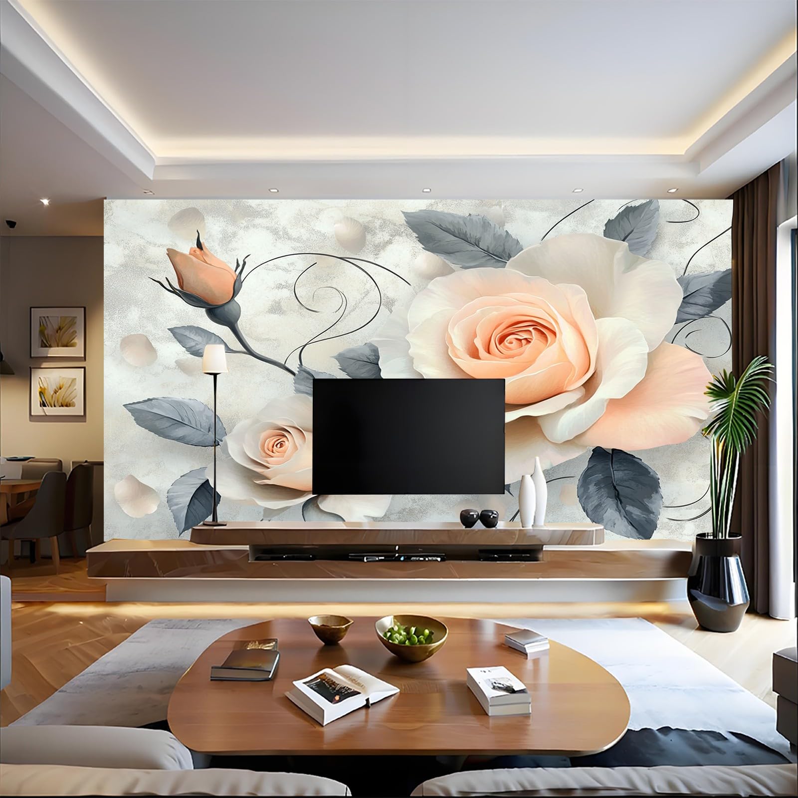 Fototapete Vintage-Rosen Vliestapete 400 x 280 cm gräulich-weiß 3D Effekt Wandbild Moderne Wandtapete für Schlafzimmer Wohnzimmer