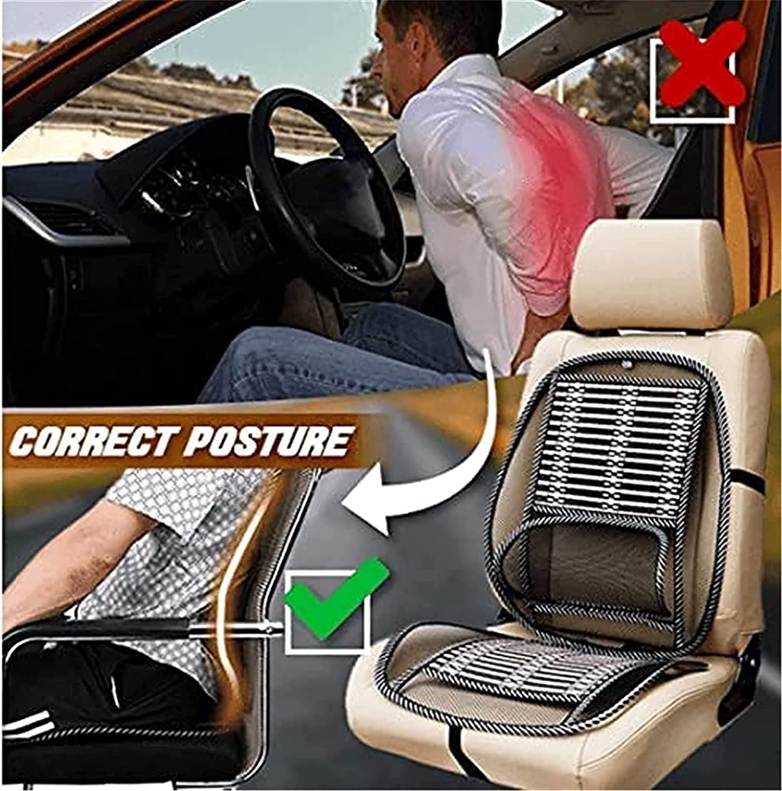 Almohadilla ergonómica de bambú for asiento de automóvil, asiento de automóvil transpirable universal Silla de oficina Cojín de cubierta de viruta de bambú con respaldo lumbar de malla fresca, almohad