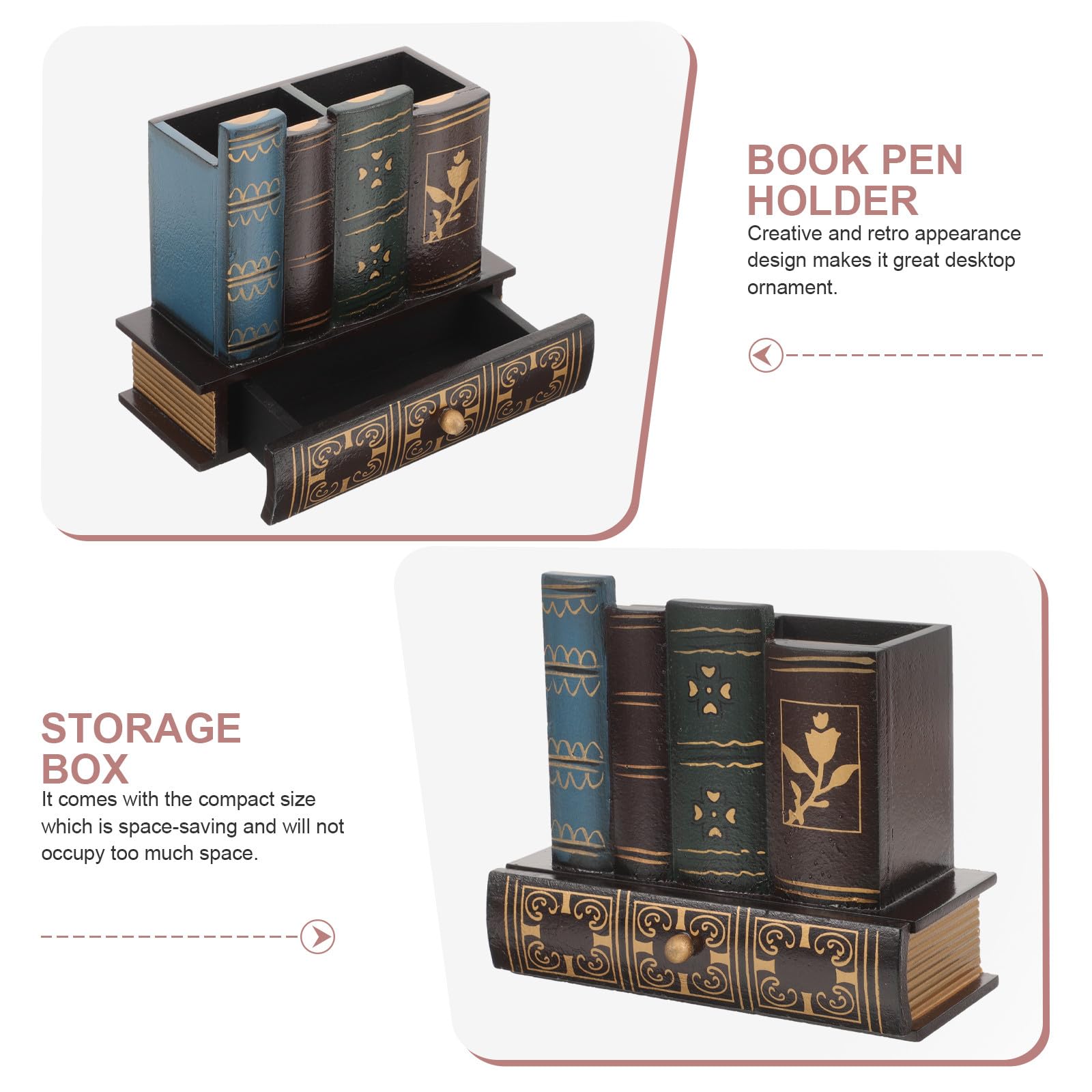 PRETYZOOM Portapenne da Scrivania in Legno Stile Retrò Scomparto a Cassetto, Organizer Porta Cancelleria Multifunzione per Ufficio, Scuola e Casa, Decorazione Creativa a Forma di Libro