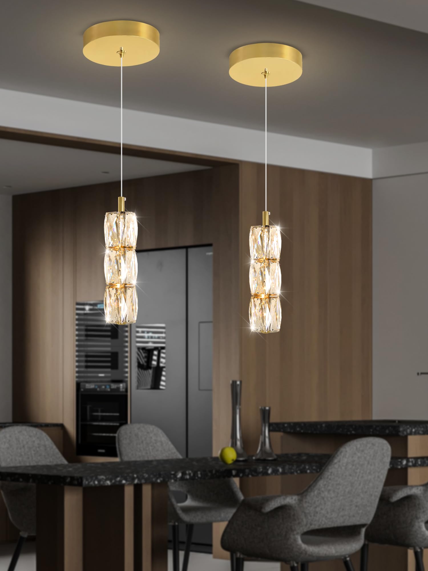 ykolupty Pendant Lights Kitchen Island Single Head Gold Crystal Island Lights Dining Foyer Entrance Modern Chandeliers LED Dimmable 2700-6000K