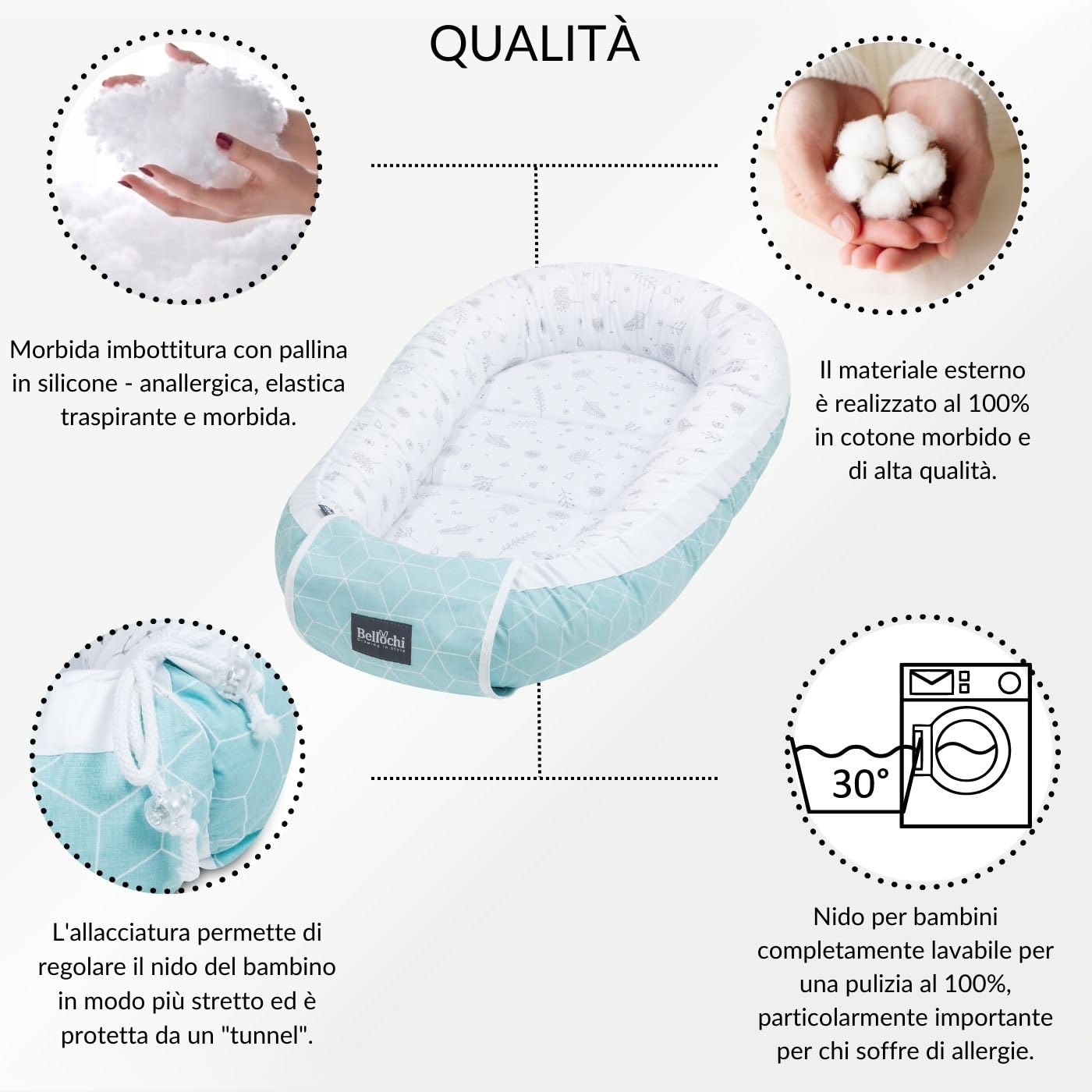 Bellochi Riduttore Lettino per Neonato, Riduttore per Culla - Antisoffoco, 100% Cotone - Cuscino Riduttore, Cocoon a Baby, Baby Nest - 90 x 60 cm - Fresh