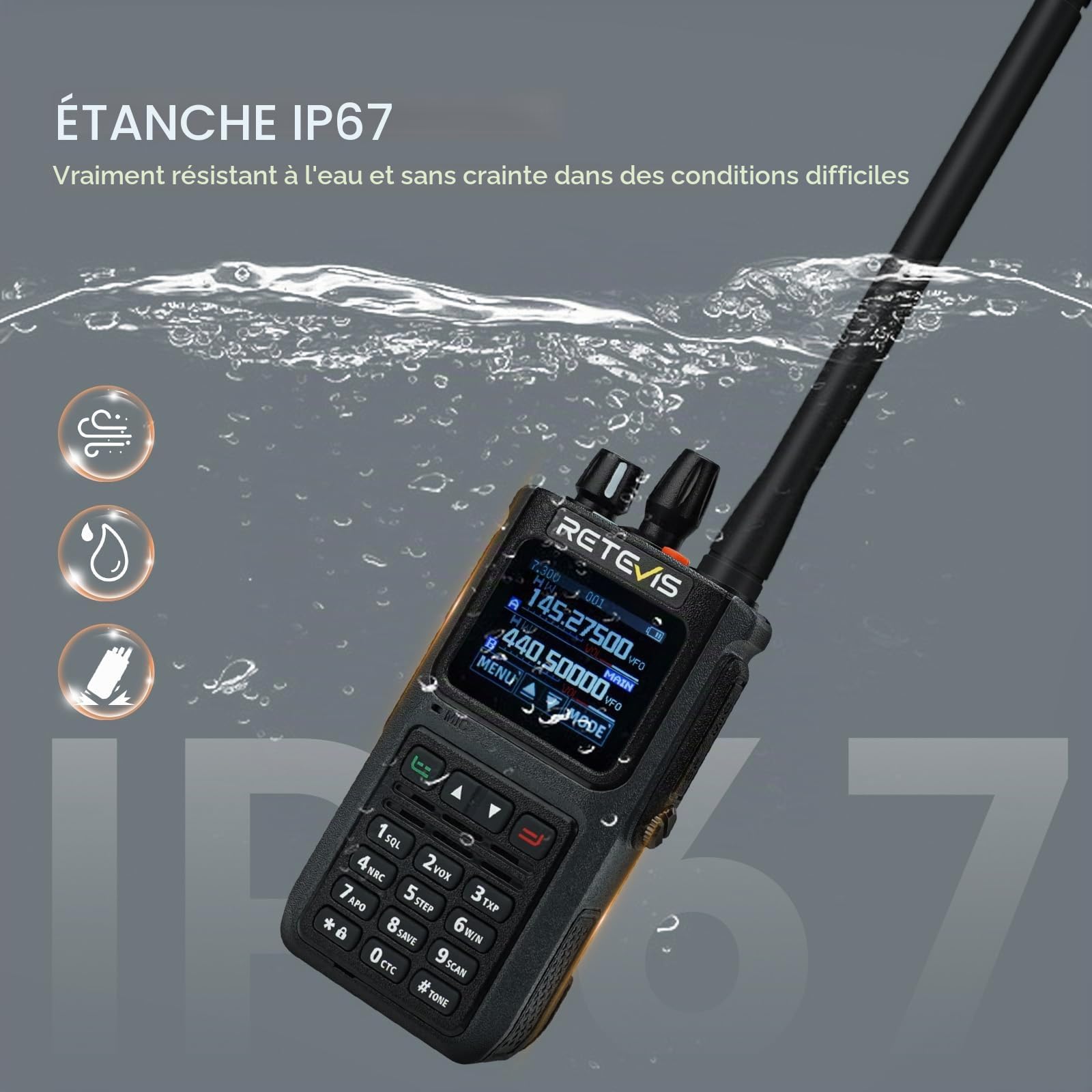 Retevis C1 Talkie Walkie IP67, Radio Étanche Portative Double Bande