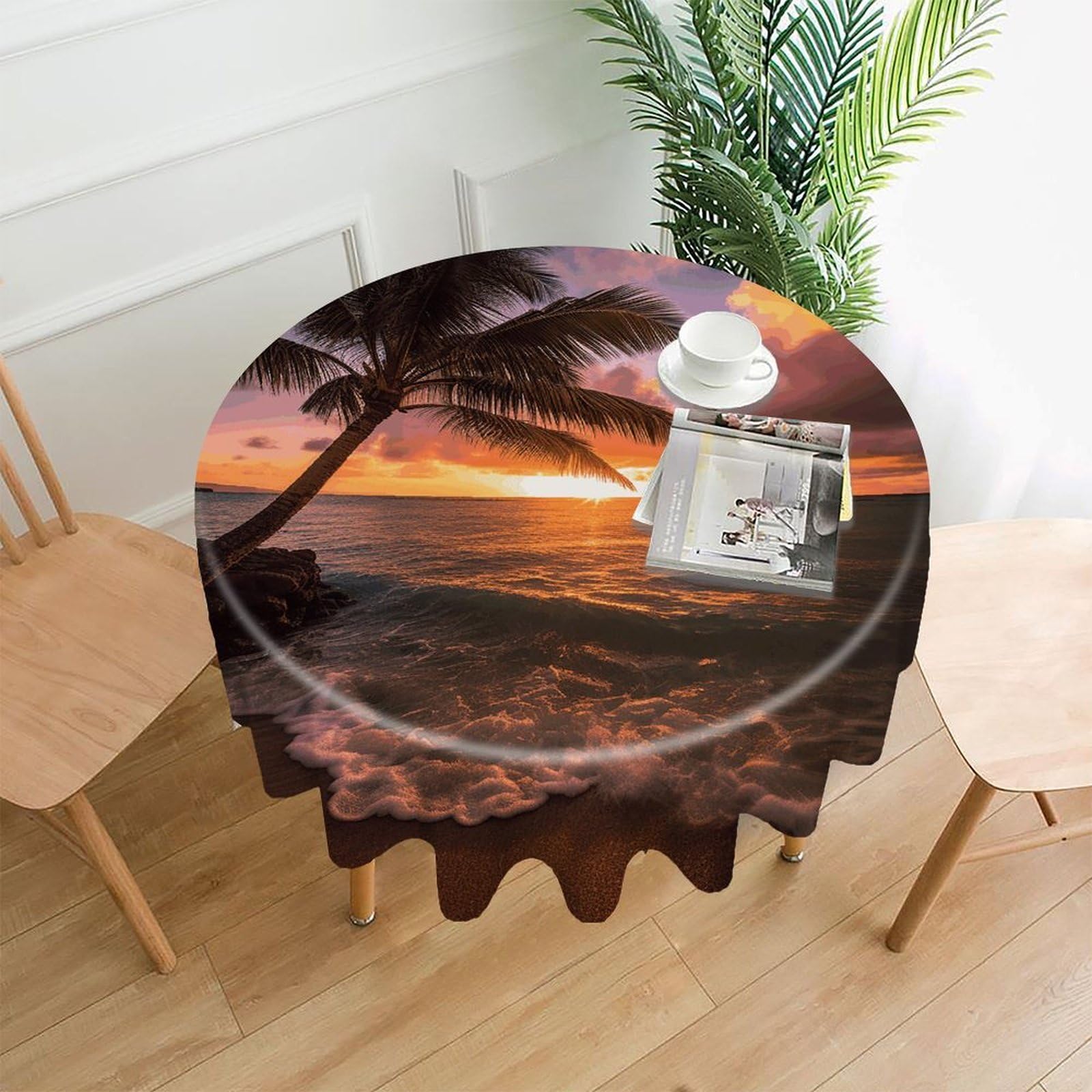 VstaDank Palm Tree Sunset Beach Tablecloth Easy to Clean Polyester Round Table Cover Washable Round Table Cloth Wrinkle-Free Circle Decoration Tablecloth for Kitchen Dining Room 60"