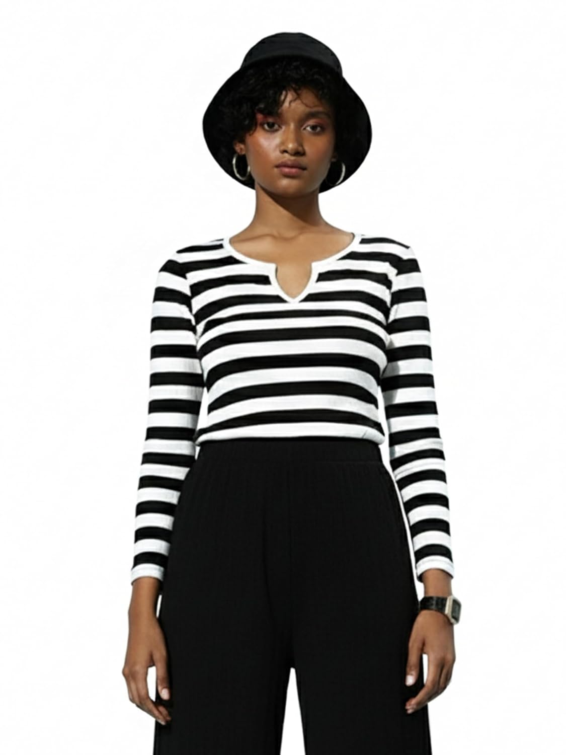 SASSAFRAS Women Stripe V-Neck Rib T-Shirt SASSAFRAS Women Stripe V-Neck Rib T-Shirt