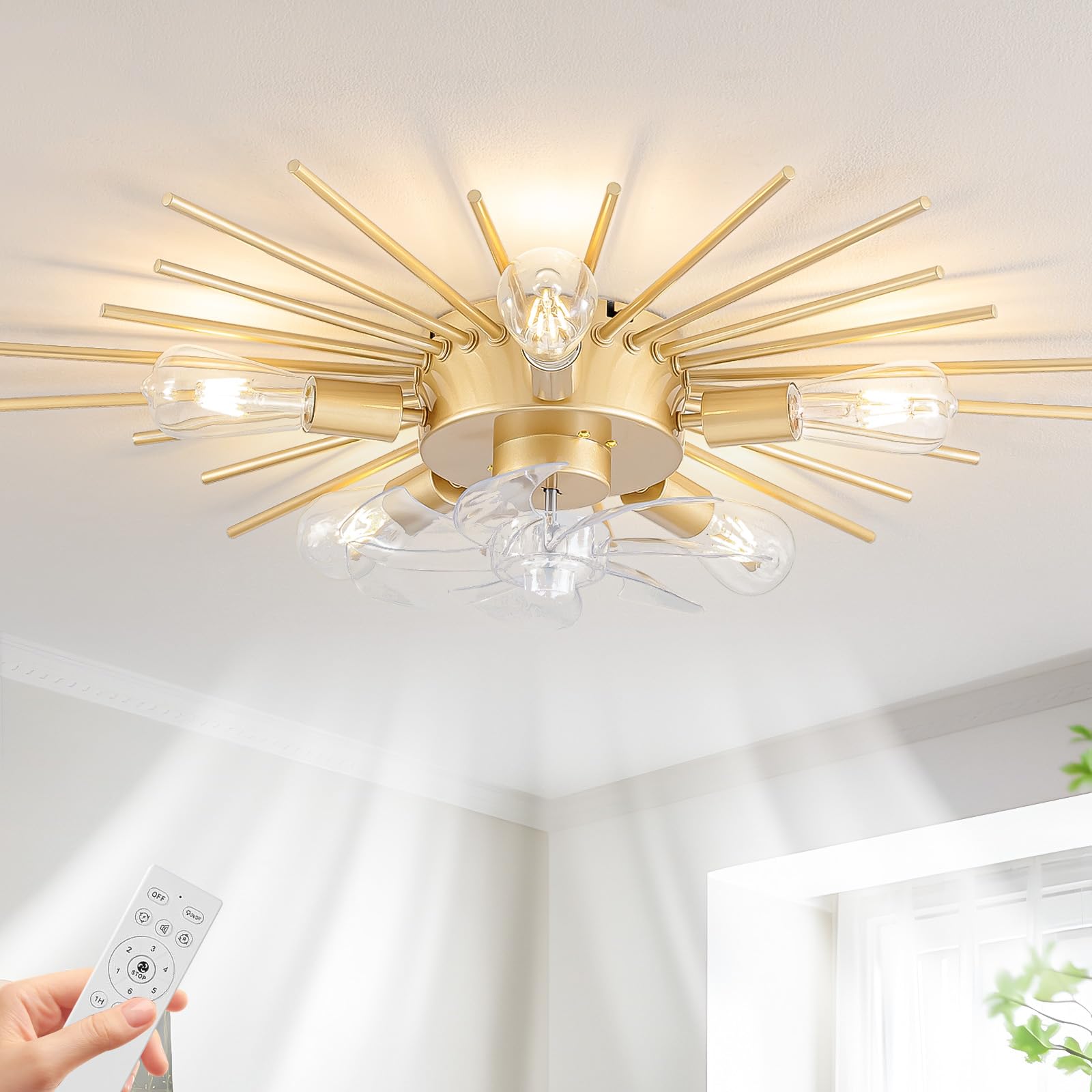 Photo 1 of 30" Gold Low Profile Ceiling Fan with Light and Remote, Mid-Century Modern