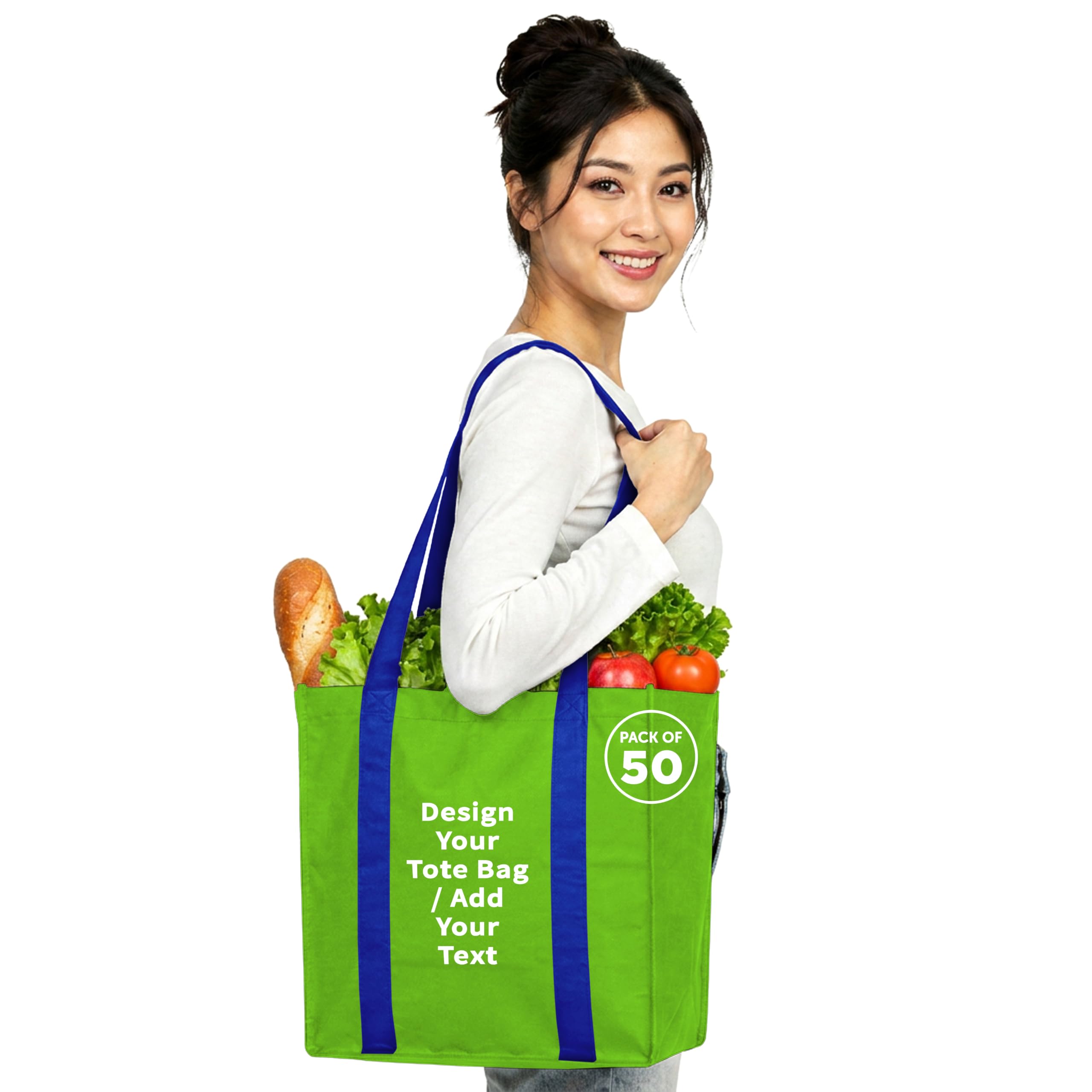 DISCOUNT PROMOS Custom Non Woven Shopping Tote Bags Set of 50, Personalized Bulk Pack - Reusable, Great for Shopping, Grocery, Beach, Picnic, Wedding Favors - LimeGreenBlue - Custom – Limegreenblue 50 bags