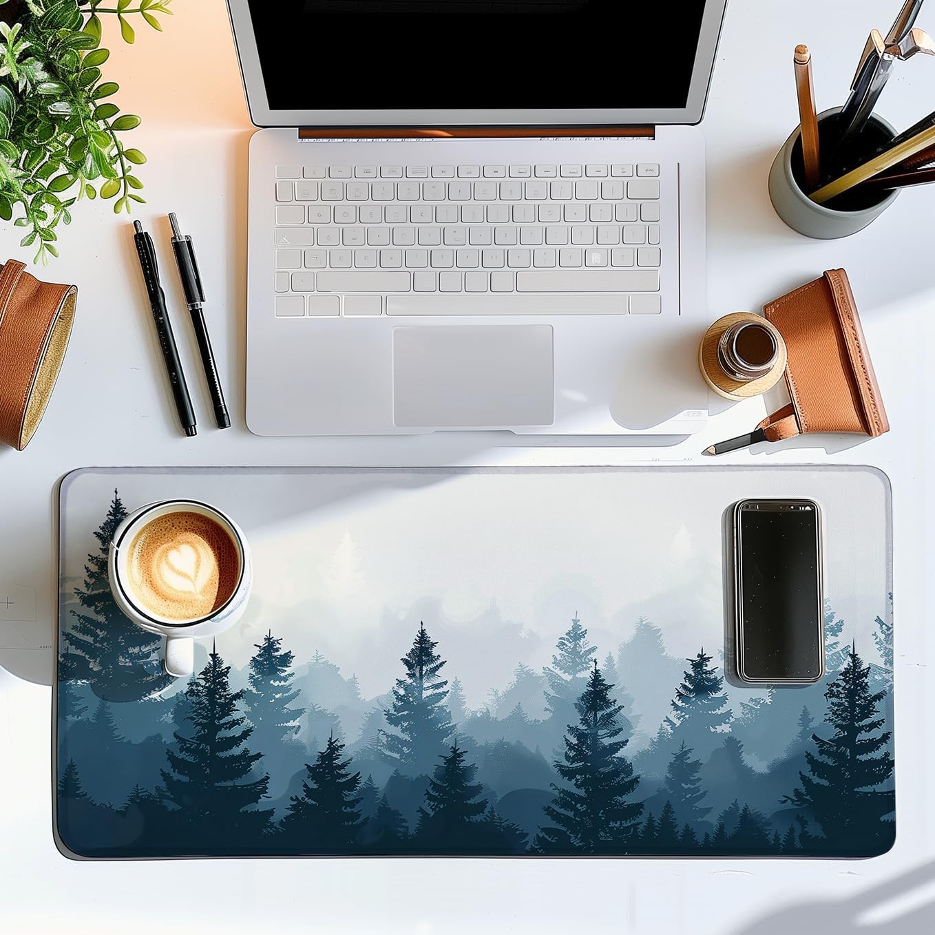 SoulAbiti Sapphire Swirl Stitched Edges Desk Mat - Blue Marble Design Mouse Pad - Large Gaming 23.6x11 inch Mousepad - Non-Slip, Anti Fray, Computer Laptop Office Décor (Abstract Forrest)