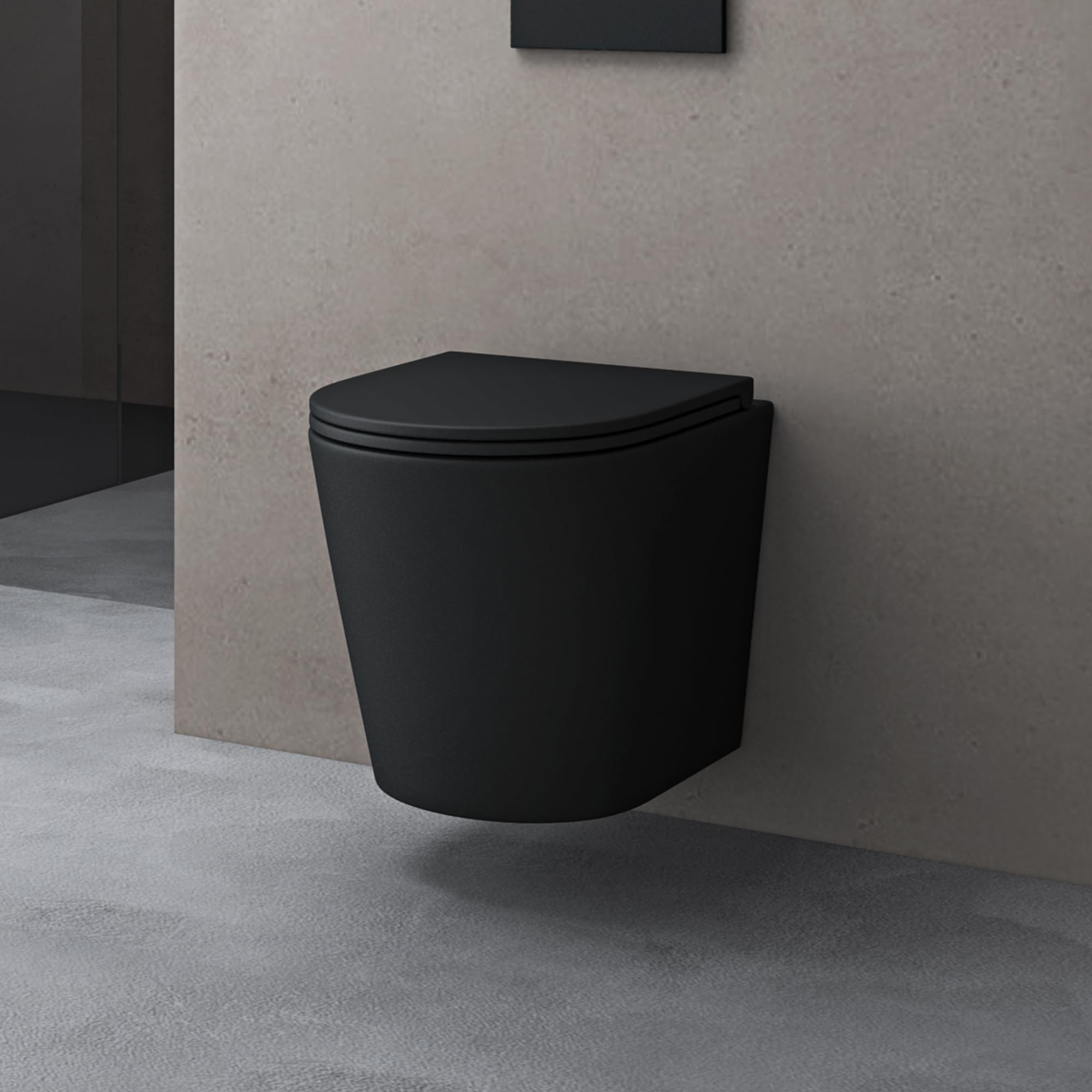 Wand-WC Aachen108 Design, schwarz matt, spülrandlos – Softclose-Sitz, Absenkautomatik, 49 × 35,5 × 35 cm