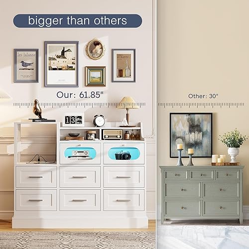 Miniatura 4 de Emirde Cómoda blanca con luz LED para dormitorio, 8 cajones con estación de carga, cómoda de 46 pulgadas de largo para dormitorio, cómoda de fácil