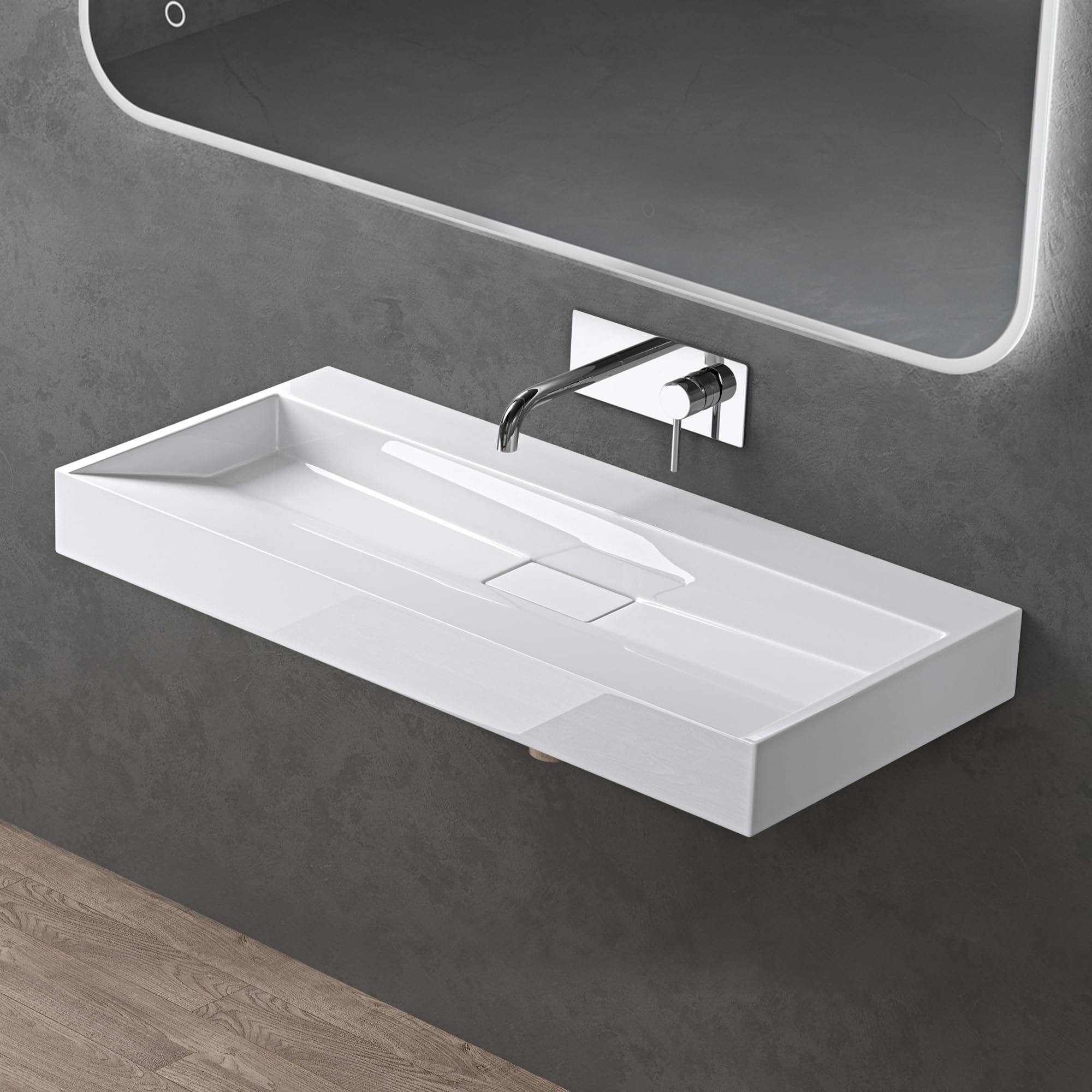 doporro Lavabo Suspendu avec Bonde Vasque à Poser Blanc 100x46x11cm Lave Mains Rectangulaire sans Perçage de Robinet Colossum19 | Lavabo de salle de bain en minéral fondu, couleur blanc, finition brillante, bonde inclus, montage mural, montage sur plan
