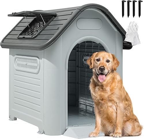 YITAHOME Dog House Outdoor Plastic Doghouse Water Resistant Pet House with Adjustable Skylight and Elevated Base for Small, Medium, and Large Dogs