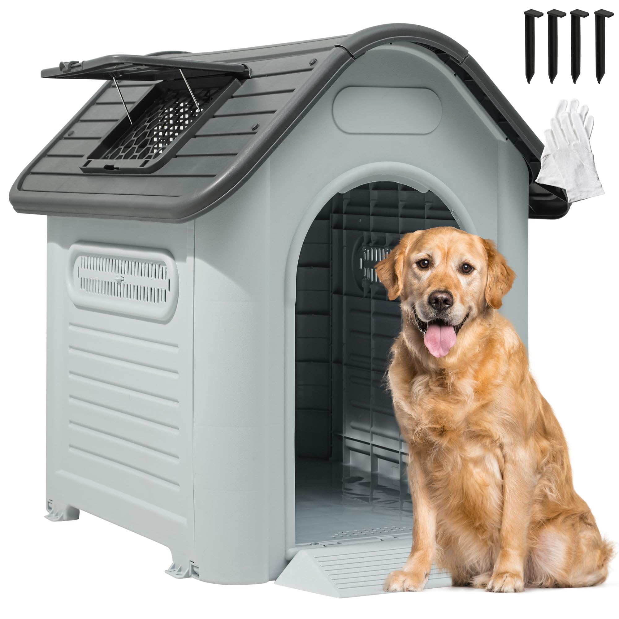 YITAHOME Dog House Outdoor Plastic Doghouse Water Resistant Pet House with Adjustable Skylight and Elevated Base for Small, Medium, and Large Dogs
