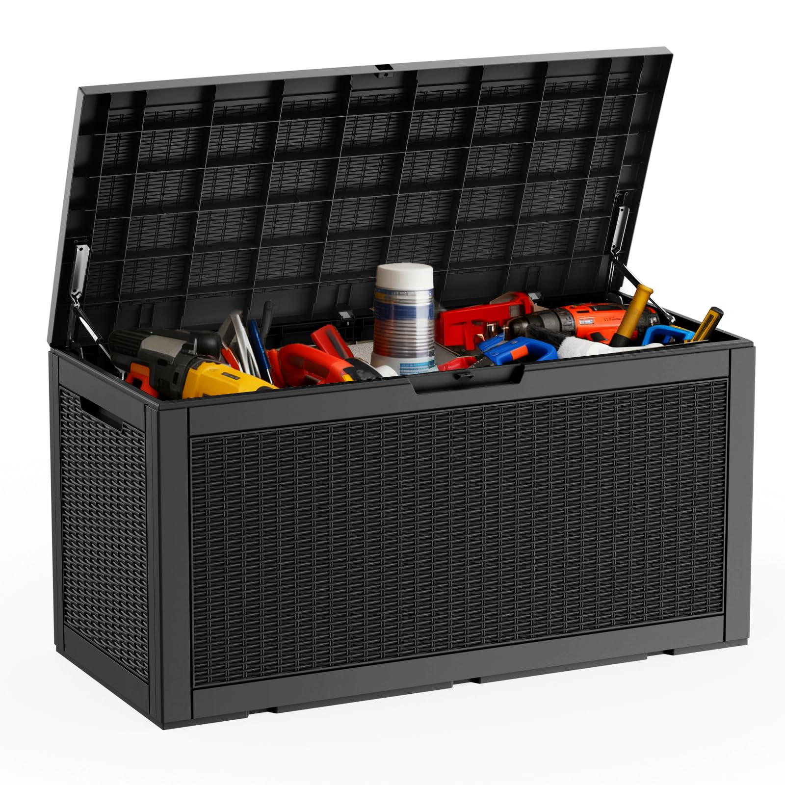 DRATO 100 Gallon Deck Box, Waterproof Resin Large Outdoor Storgae Box for Patio Furniture, Patio Cushions, Gardening Tools, Pool and Sports Supplies, Lockable,Black