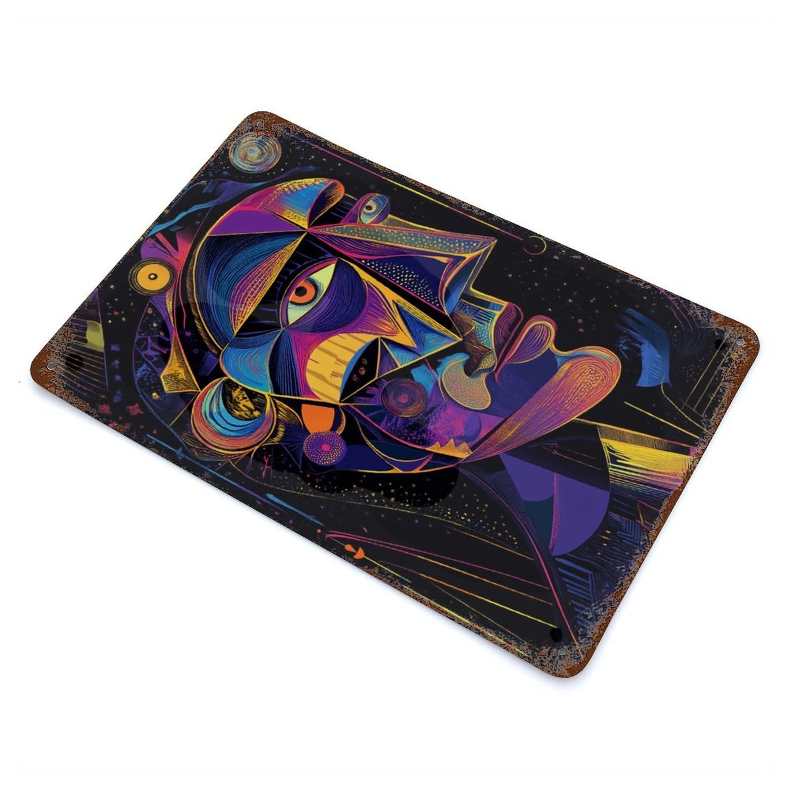 Futuristic Abstract Vision – Neon Cubist Portrait Rust Effect Tin Sign 11.8"x7.9", Ideal for Farmhouse, Kitchen And Entryway Decor