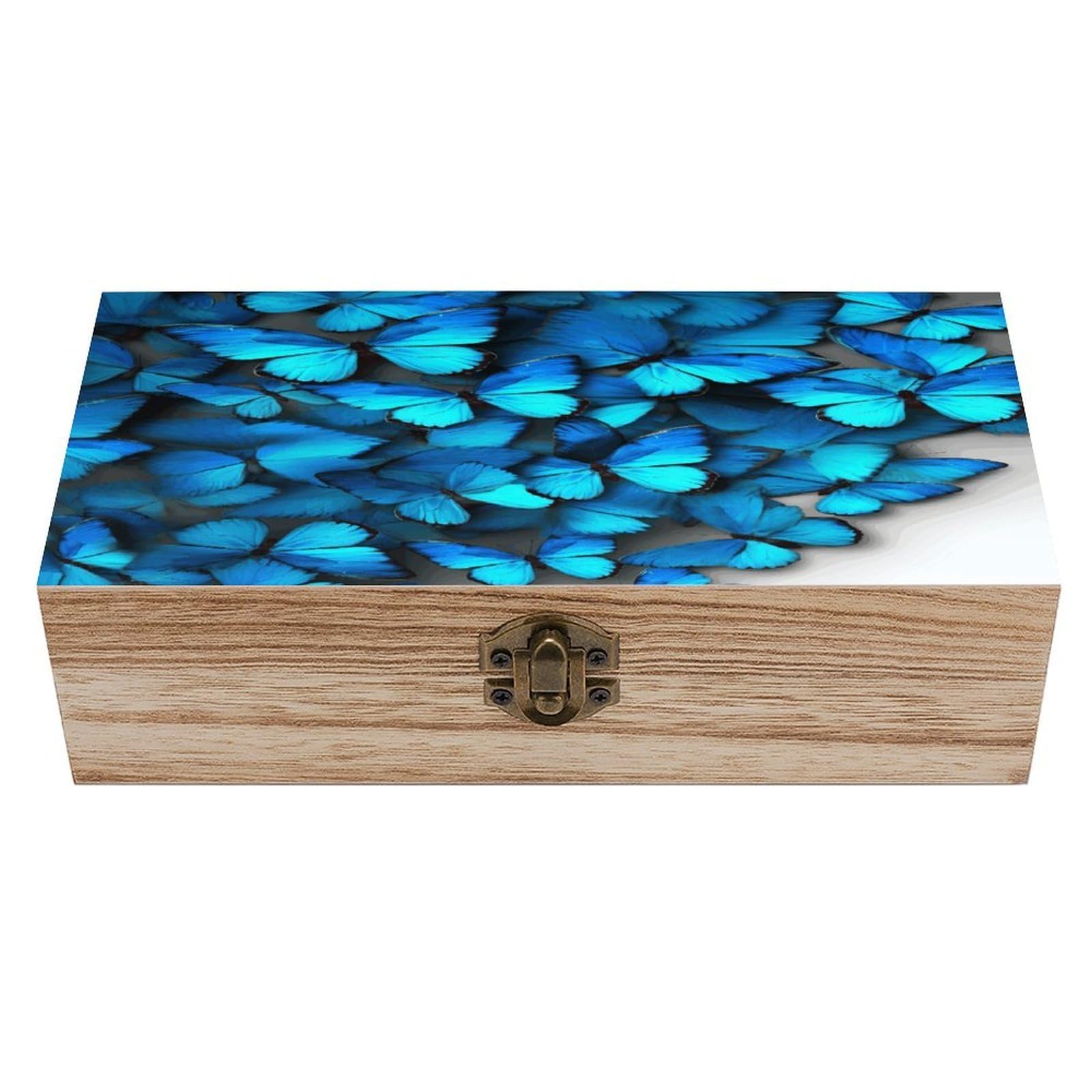 VstaDank Many Blue Butterfly Wooden Keepsake Box with Hinged Lid Solid Wood Gift Boxes Beautifully Keepsake Box Jewellery Organiser Retro Memory Treasure Case with Lids Decorative Boxes
