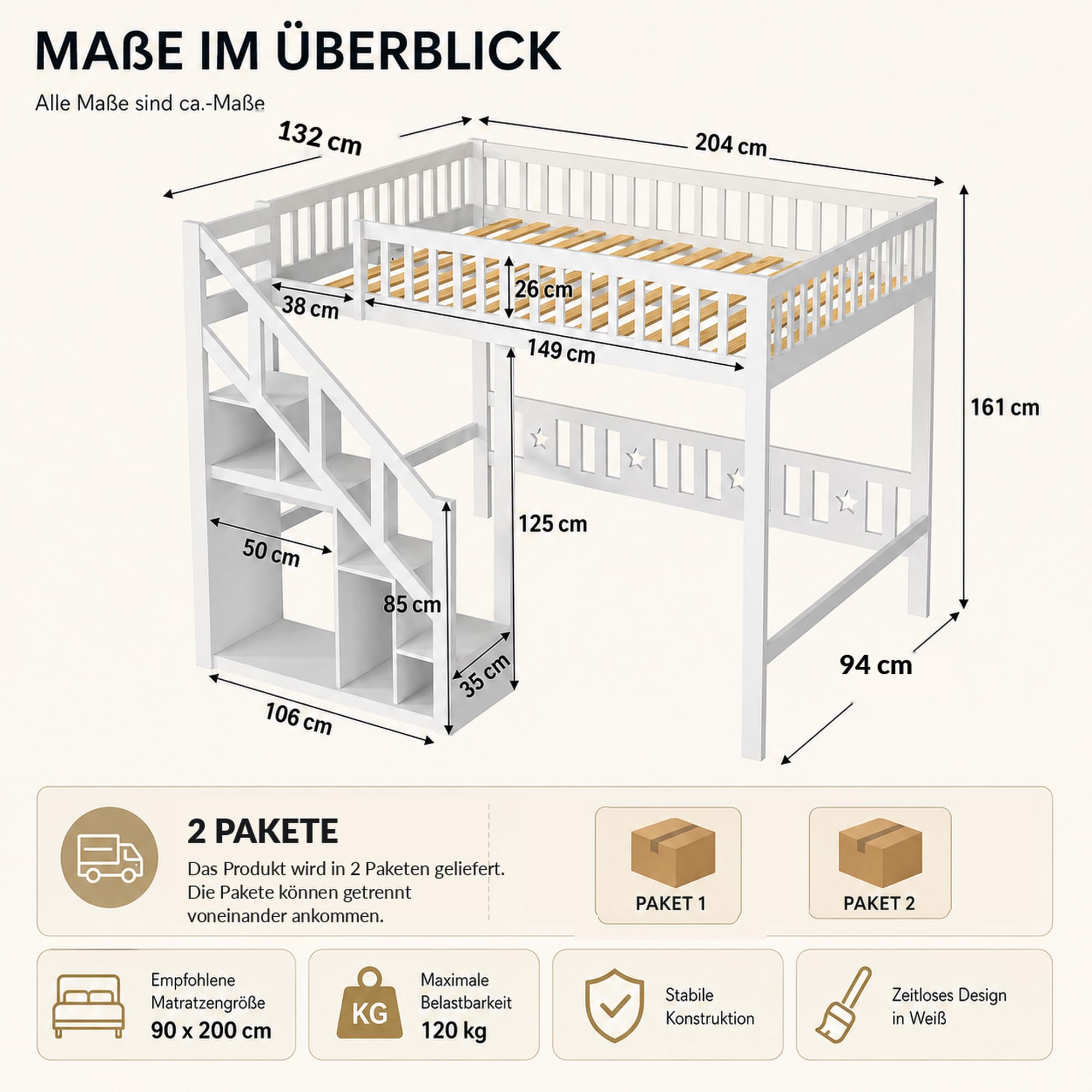 DULRLLY Lit Double Mezzanine 140x200 cm, Lit Superposé Enfant avec Escaliers de Rangement et Barrière de Sécurité, Sommier à Lattes en Bois, Lit Hauteur pour 2 Enfant, Garçon et Fille, Blanc