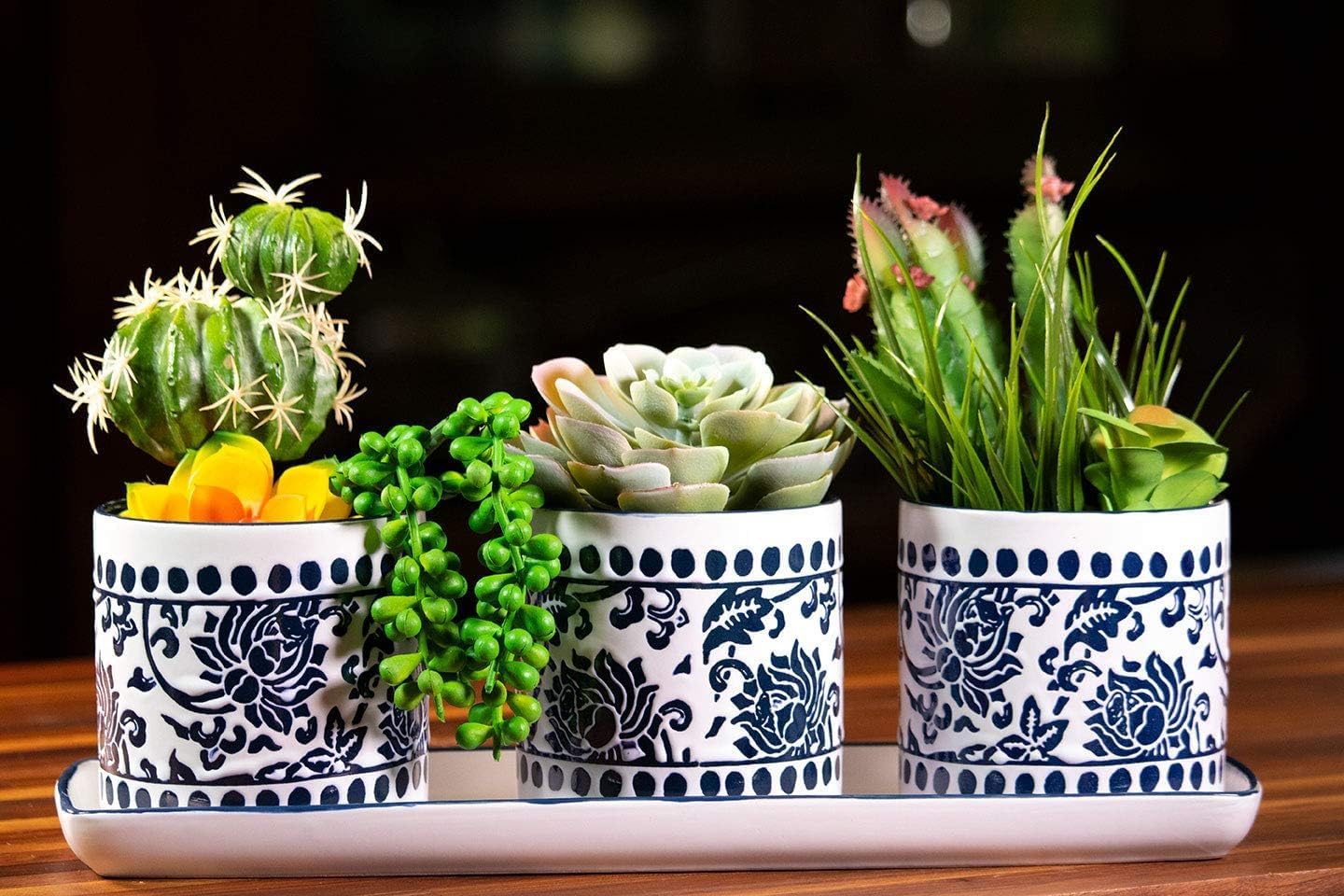 Blue Sky Clayworks China Charm Set of 4 Planters with Tray, 15" Tray, Blue and White Table Garden
