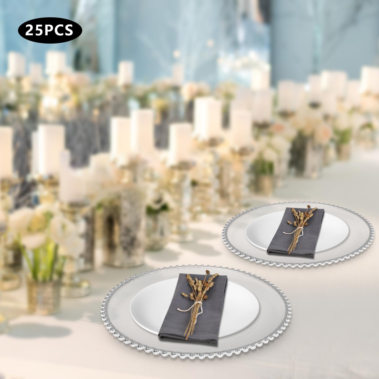 PERFERATE 25 Pcs Clear Charger Plates with Beaded Rim 12.6inch Plastic Dinner Charger Plates Stackable Round Charger Plate for Wedding Birthday Party Dinner Table Decor Supplies (Silver)