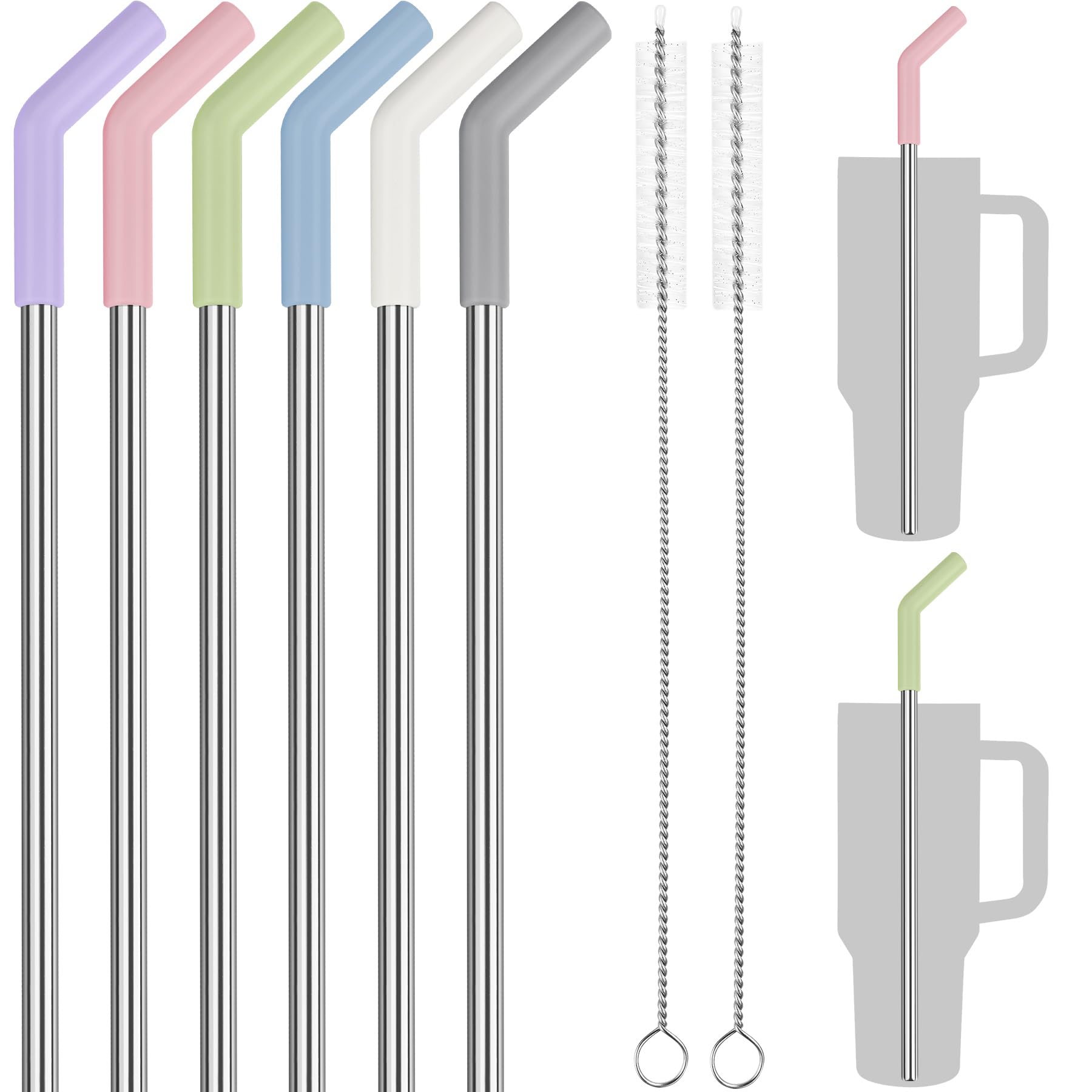 40oz Straws Reusable, 12 Inch Stainless Steel Straw with Silicone Extender Tip for Stanley Cup Accessories 6-Pack with 2 Brushes, 0.4" Diameter Straws Food Grade BPA-Free Colorful Set
